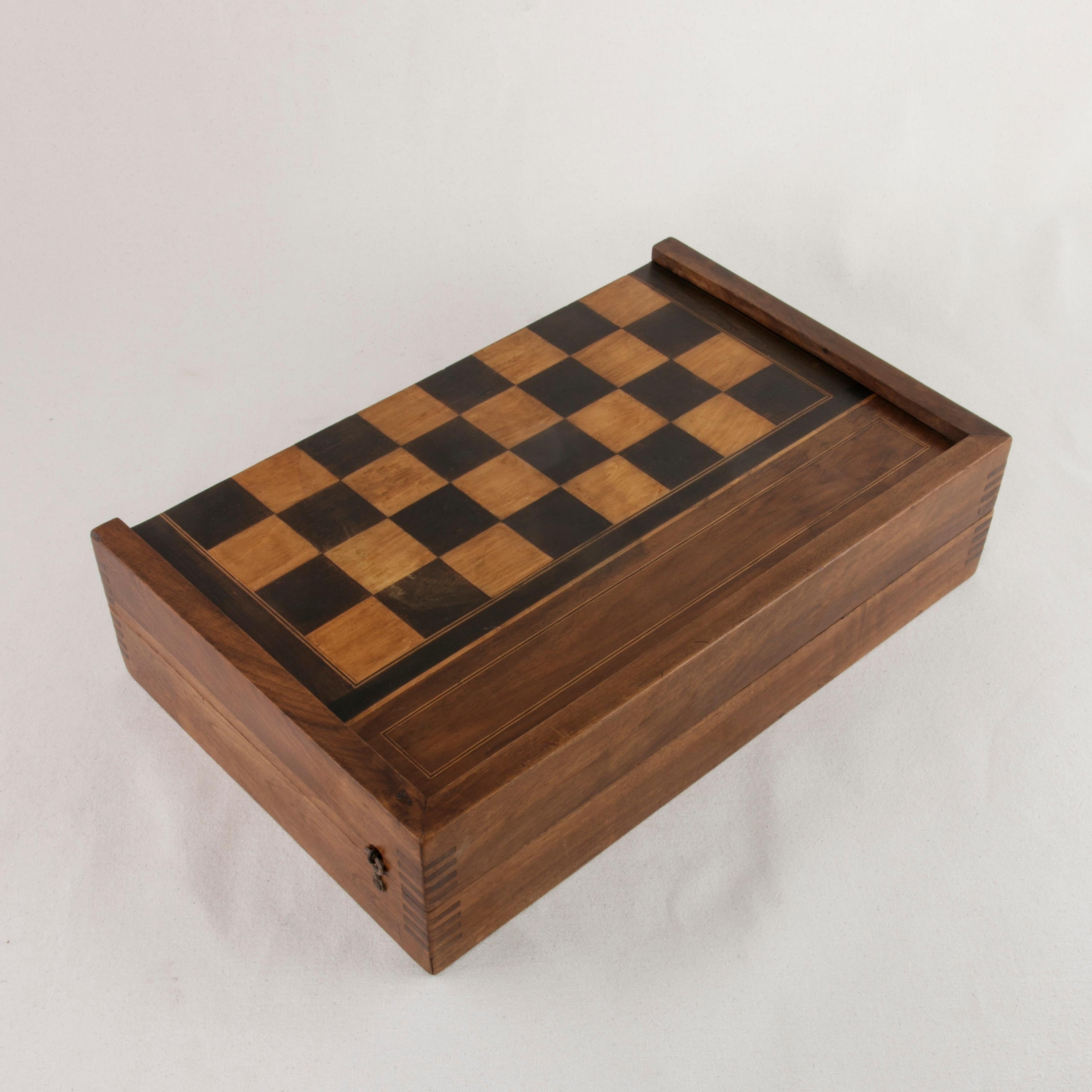 French Walnut and Pear Wood Marquetry Backgammon & Checkers Game Box, circa 1900 1