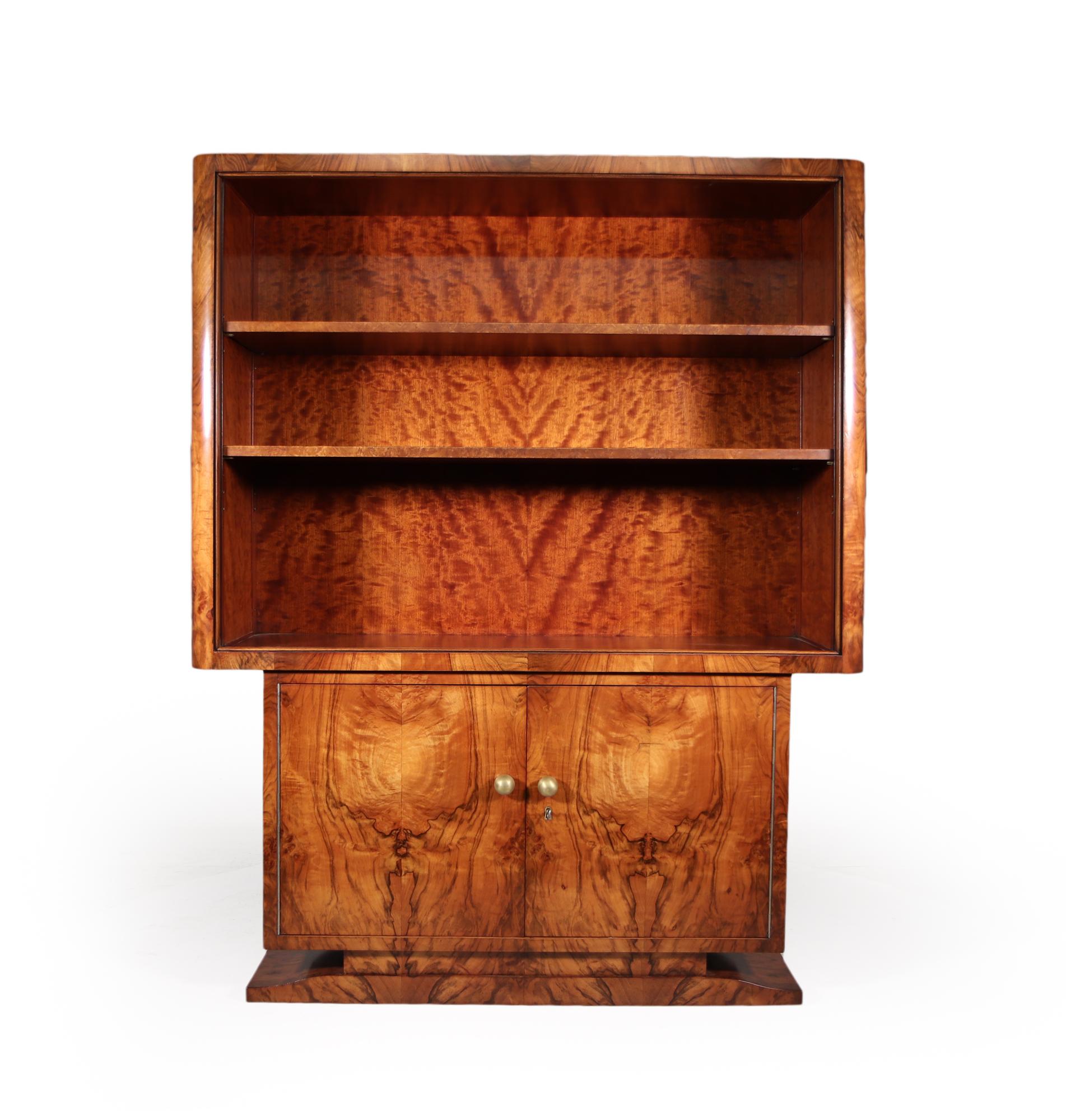 Early 20th Century French Walnut Art Deco Open Bookcase Cabinet