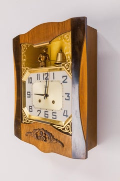 French Walnut Art Deco Wall Clock with Chime, circa 1950