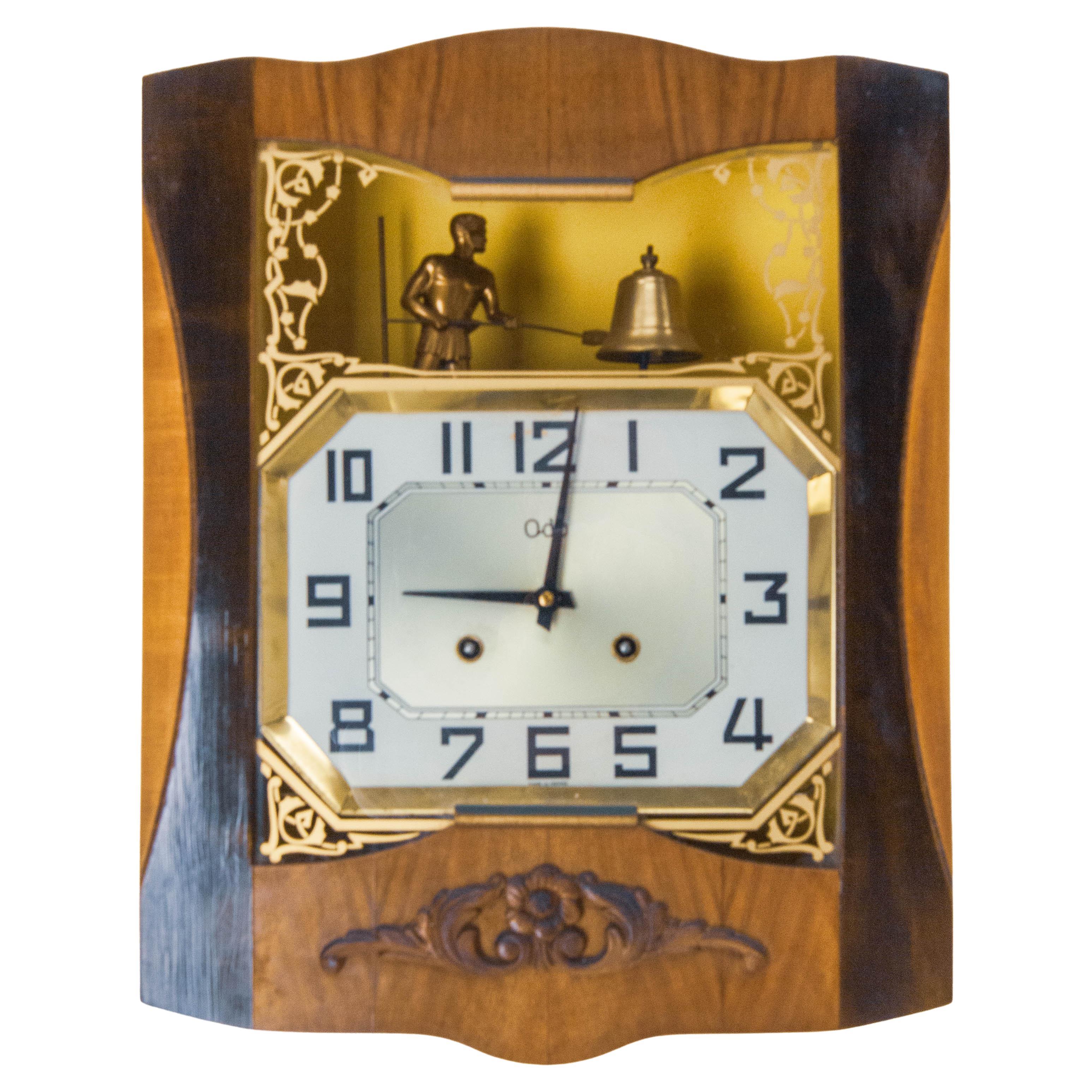 French Walnut Art Deco Wall Clock with Chime, circa 1950