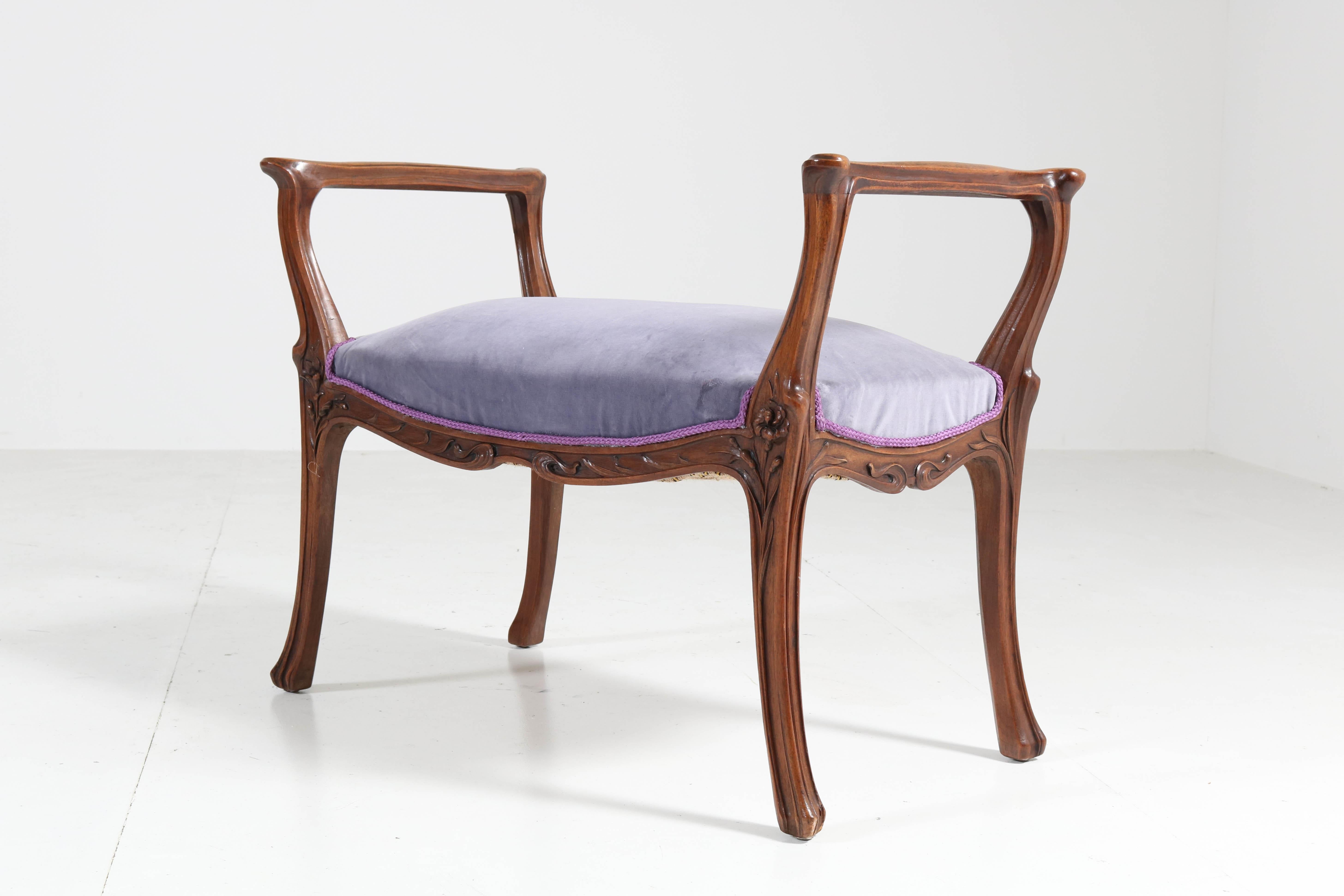 Velvet French Walnut Art Nouveau Bench or Stool with Armrests, 1900s