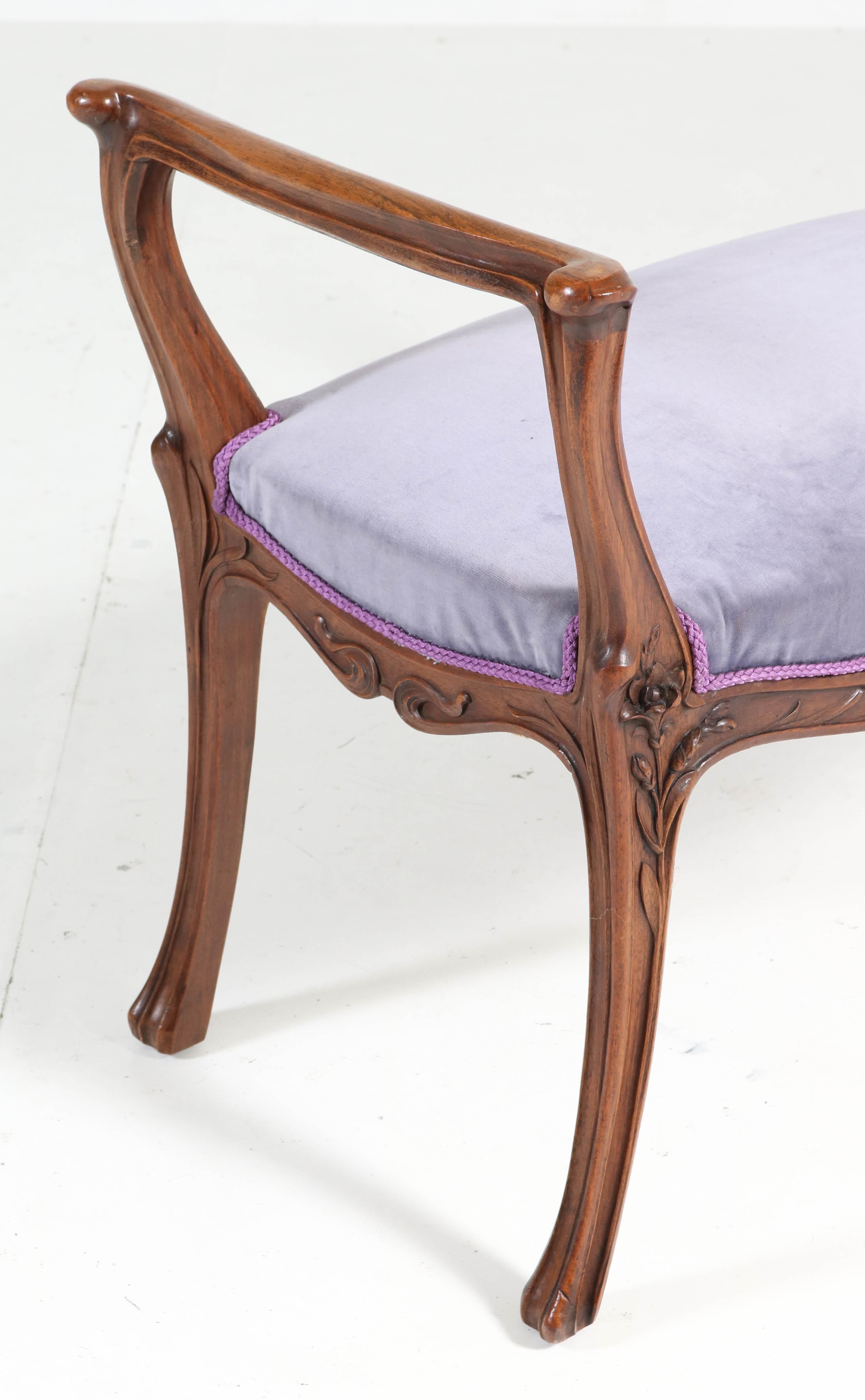 French Walnut Art Nouveau Bench or Stool with Armrests, 1900s 1