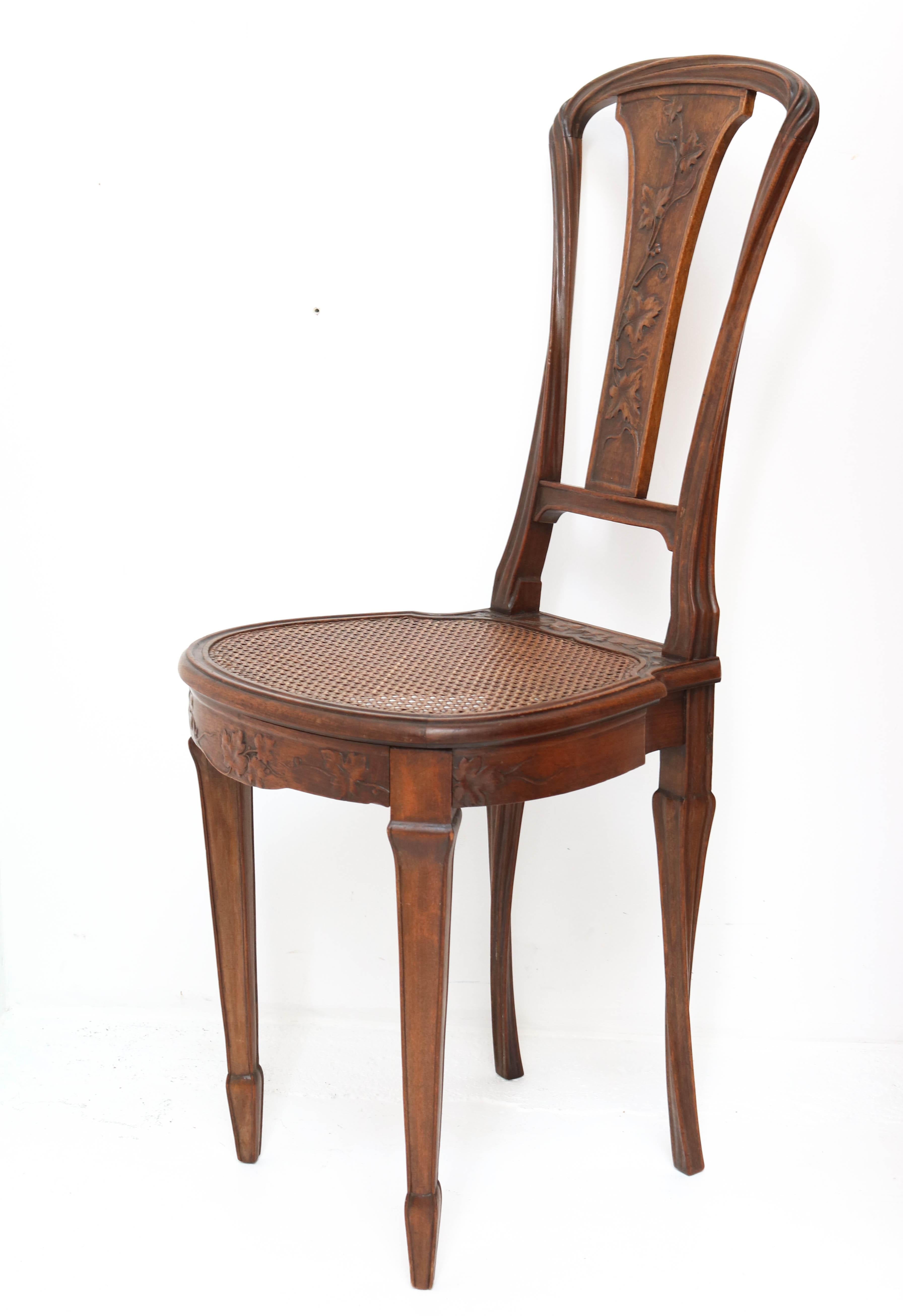 Rattan French Walnut Art Nouveau Side Chair Attributed to Louis Majorelle, 1900s