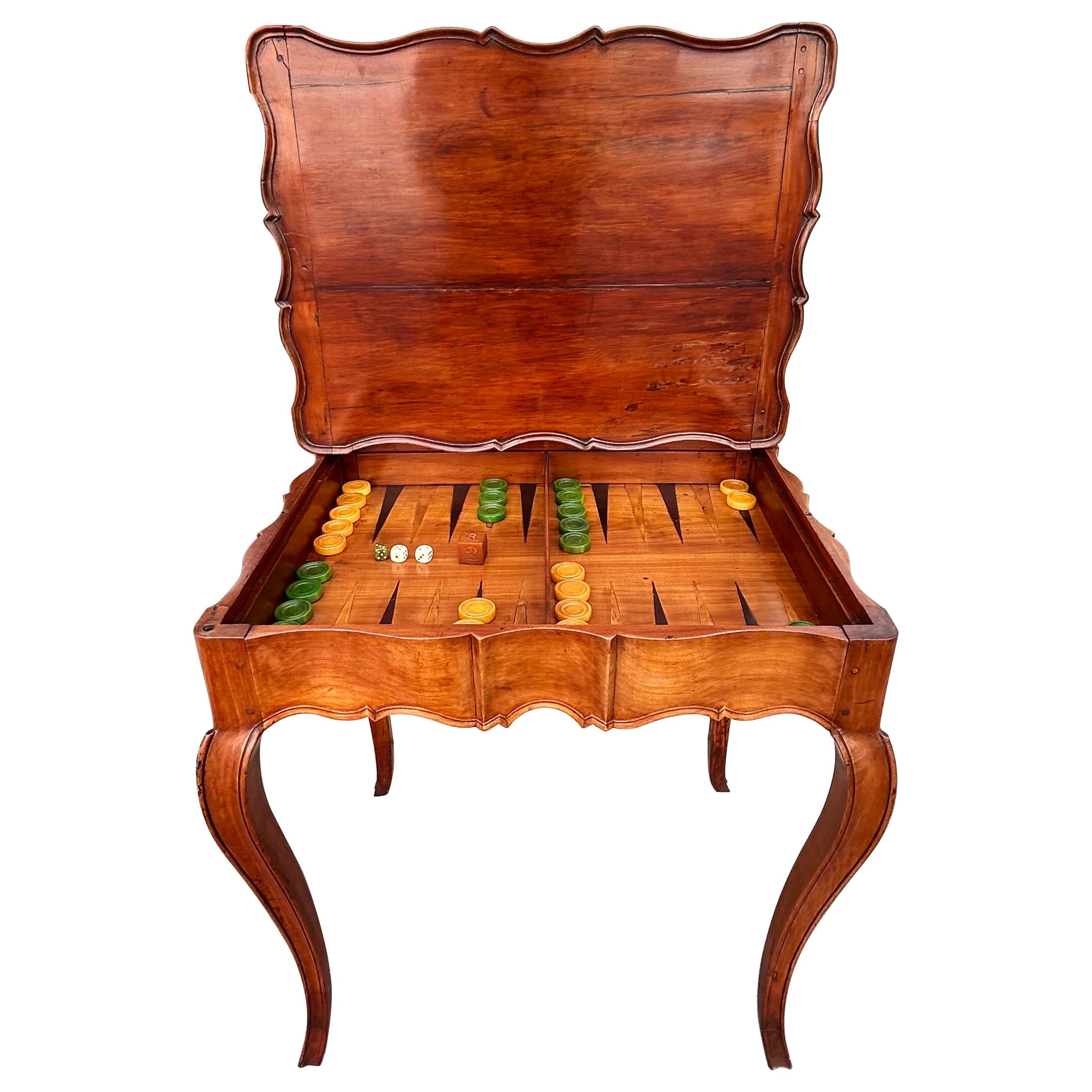 French Walnut Backgammon Game Table with Orig. Bakelite and Dice Pieces, C. 1780 For Sale