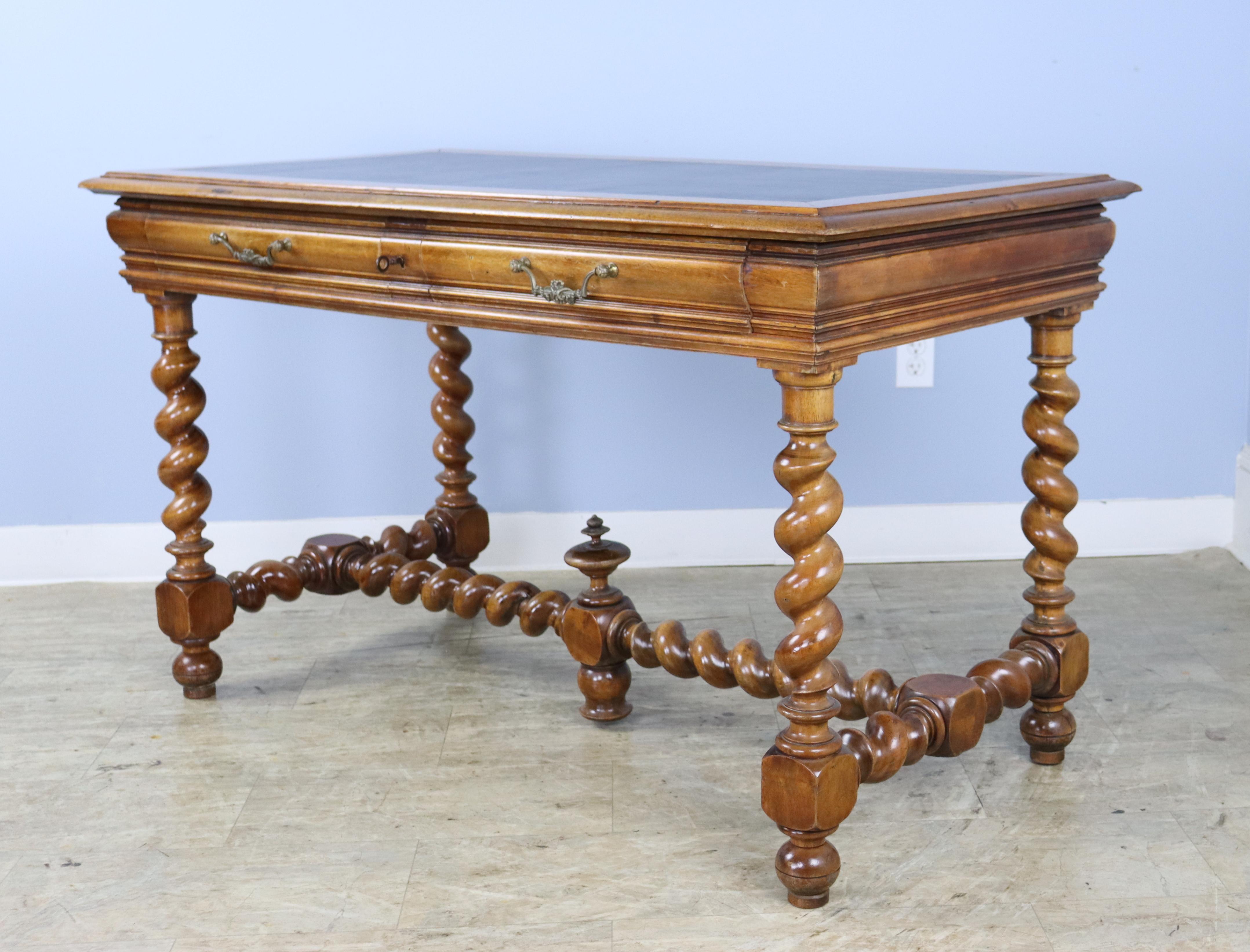 19th Century French Walnut Barley Twist Desk with Leather Top For Sale