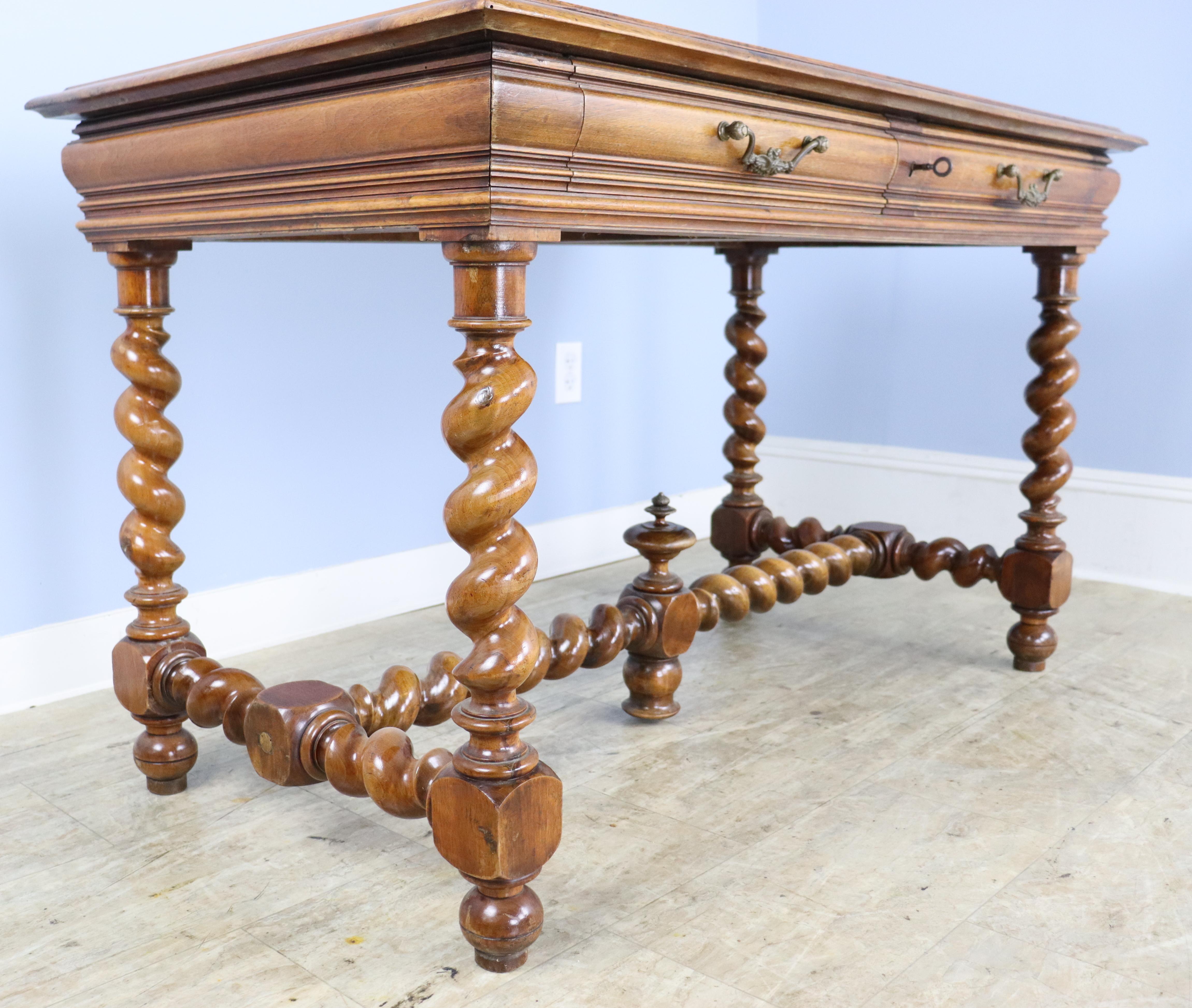 French Walnut Barley Twist Desk with Leather Top For Sale 1