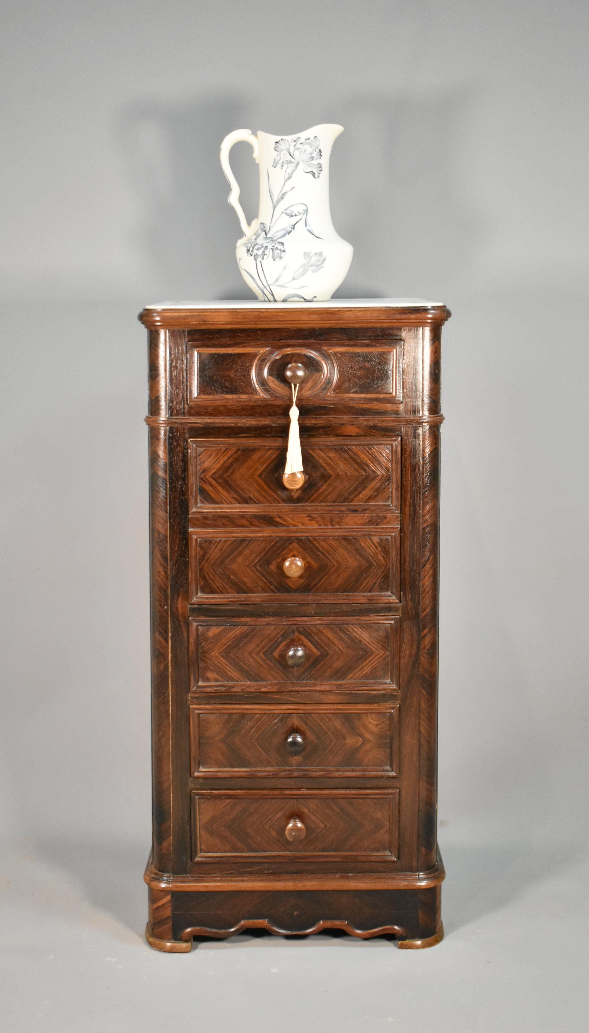 French Walnut Marble-Top Night Stand / Lingerie Chest Napoleon III Style
 
A beautifully quarter book-matched walnut veneered cabinet / chest with four drawers and one cupboard.
 
Below the white alabaster insert marble top are four full-width