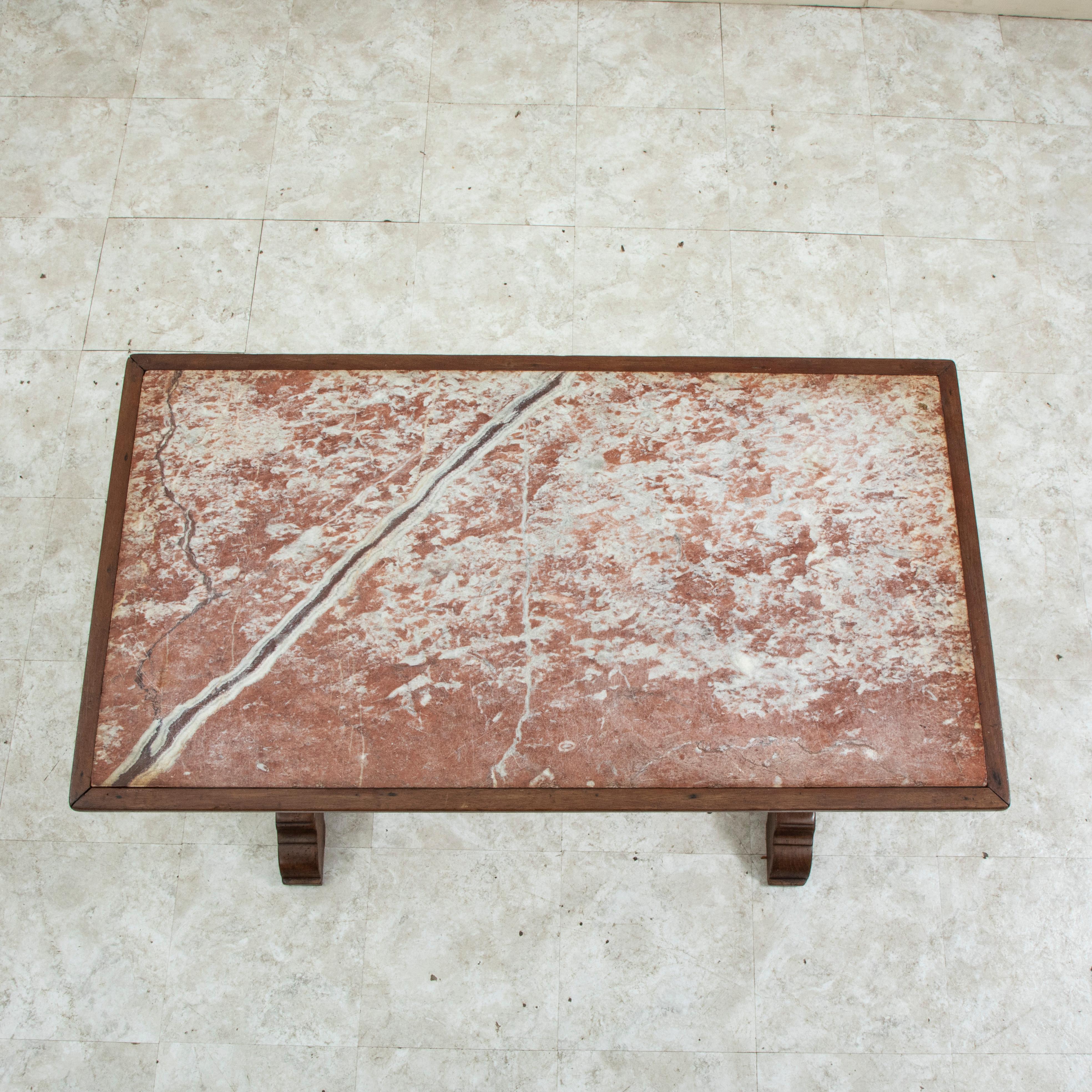 French Walnut Bistro Table or Cafe Table with Marble Top and Brass, C. 1900 For Sale 3