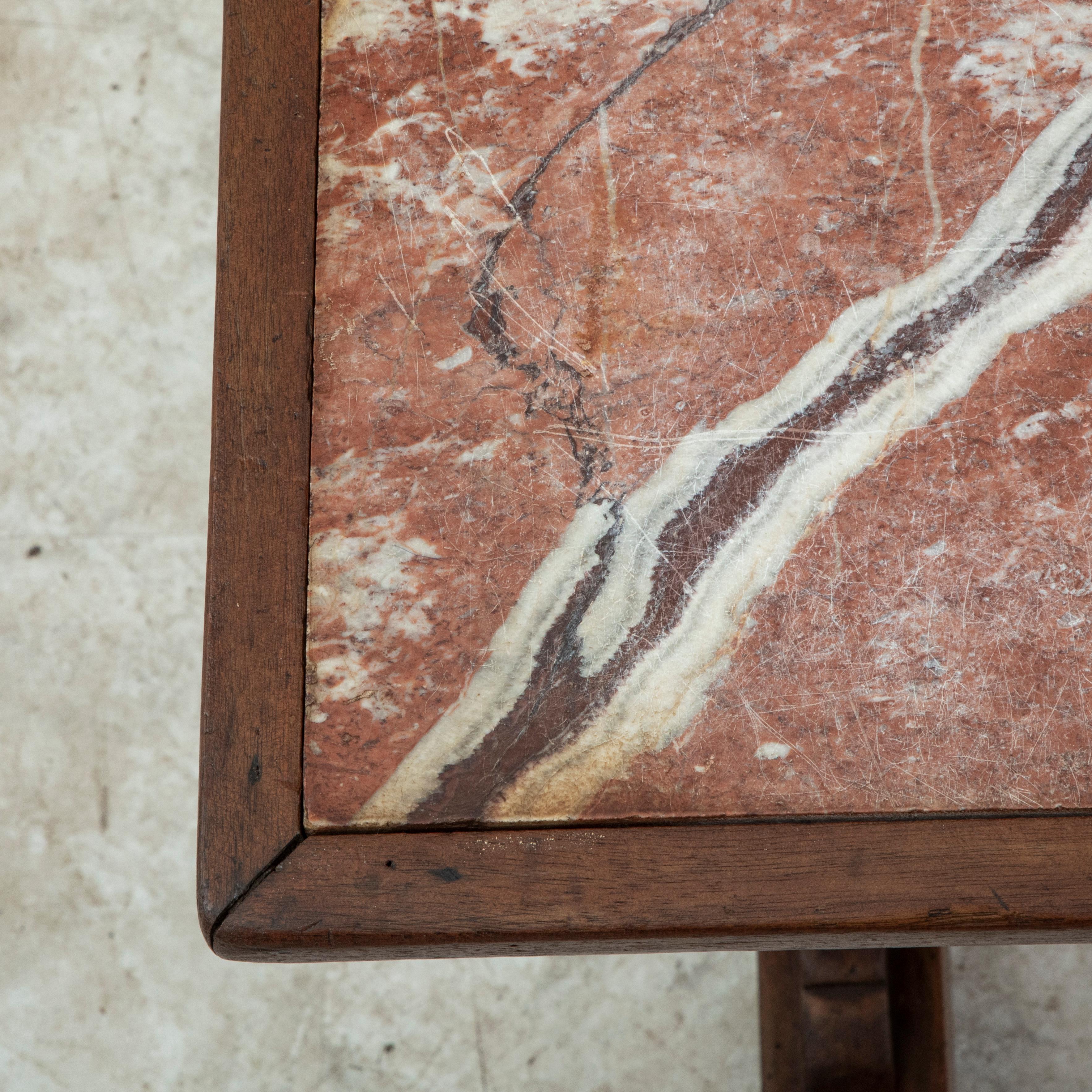 French Walnut Bistro Table or Cafe Table with Marble Top and Brass, C. 1900 For Sale 4