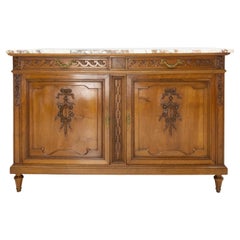 Antique French Walnut Buffet Louis XVI Style Vegetal Decoration Marble-Top circa 1900