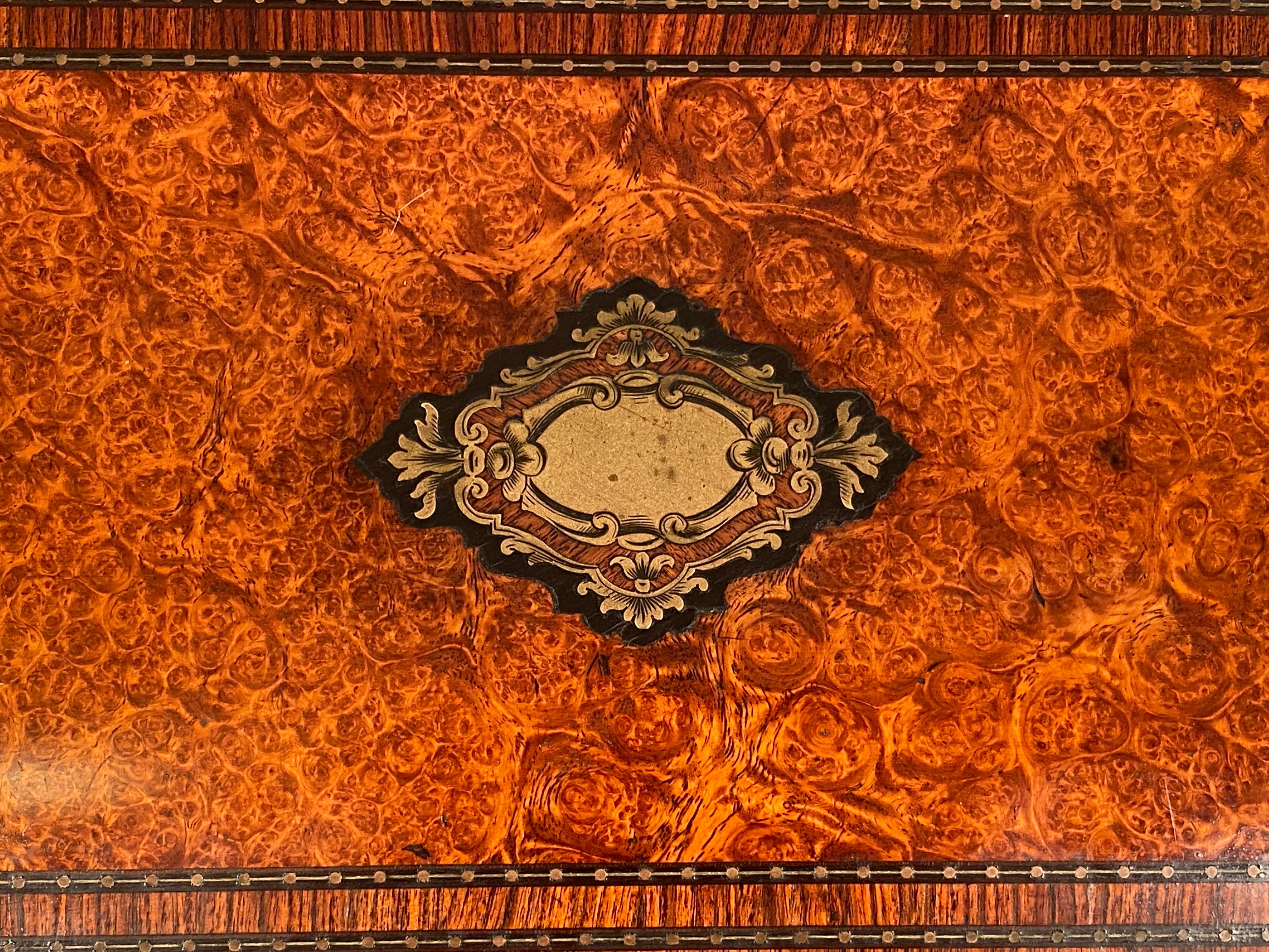 Napoleon III French Walnut Burr Campaign Writing Slope Brass Inlay 19th C  For Sale