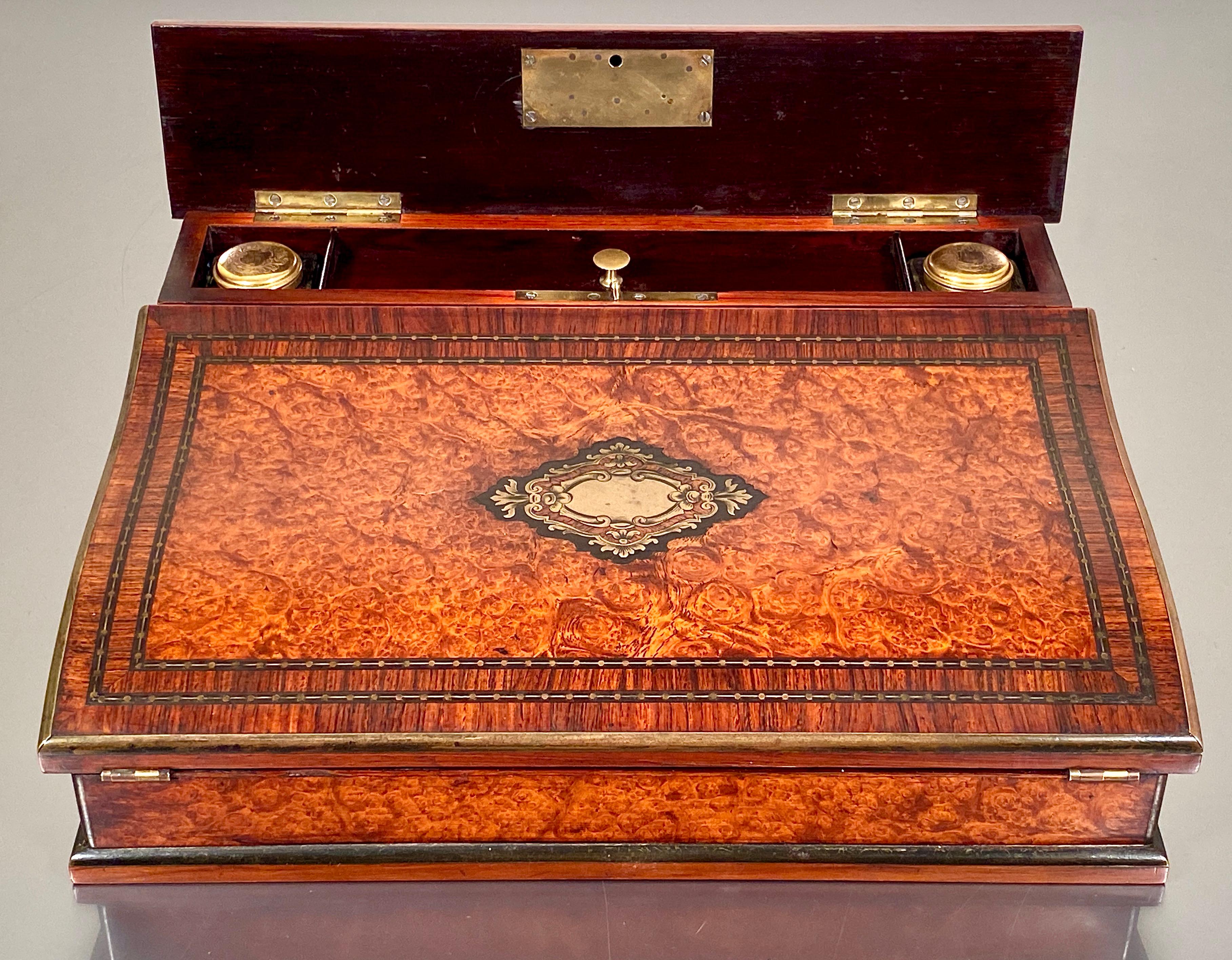 French Walnut Burr Campaign Writing Slope Brass Inlay 19th C  In Good Condition For Sale In Cheltenham, GB
