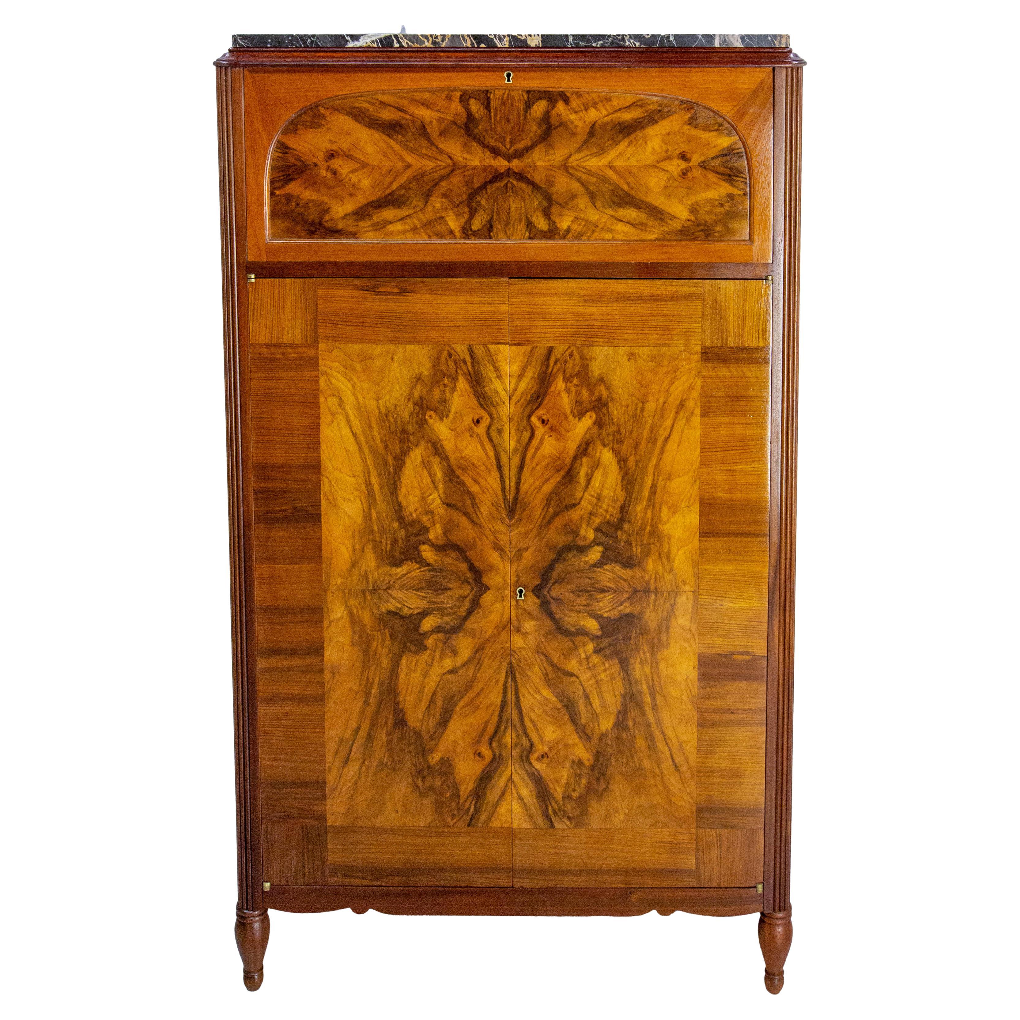 French Walnut Burr Desk Cabinet Marble Top Meuble de Métier Art Déco circa 1920