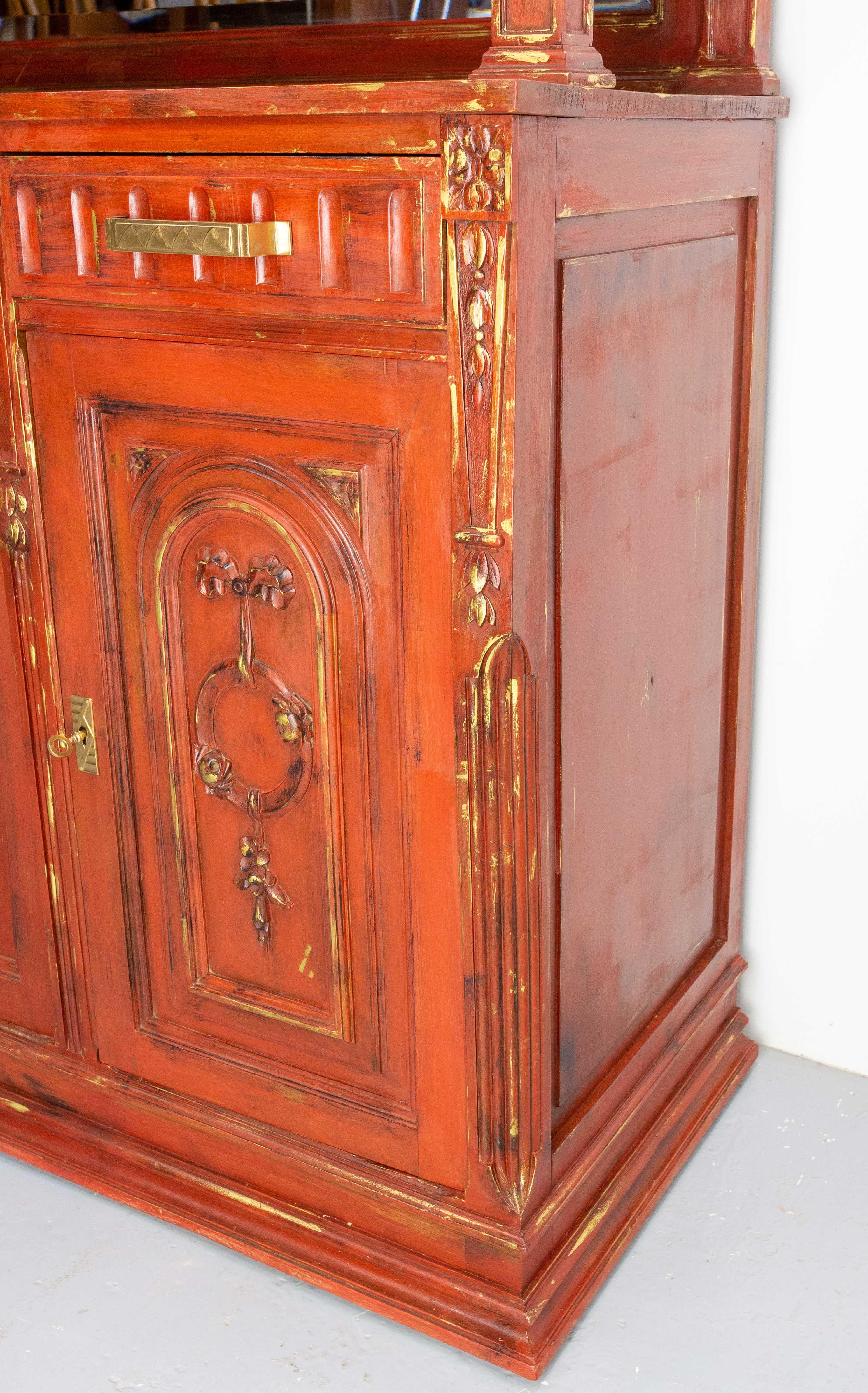 French Walnut Cabinet Deux Corps Buffet Red and Gold Patinated, circa 1920 For Sale 5