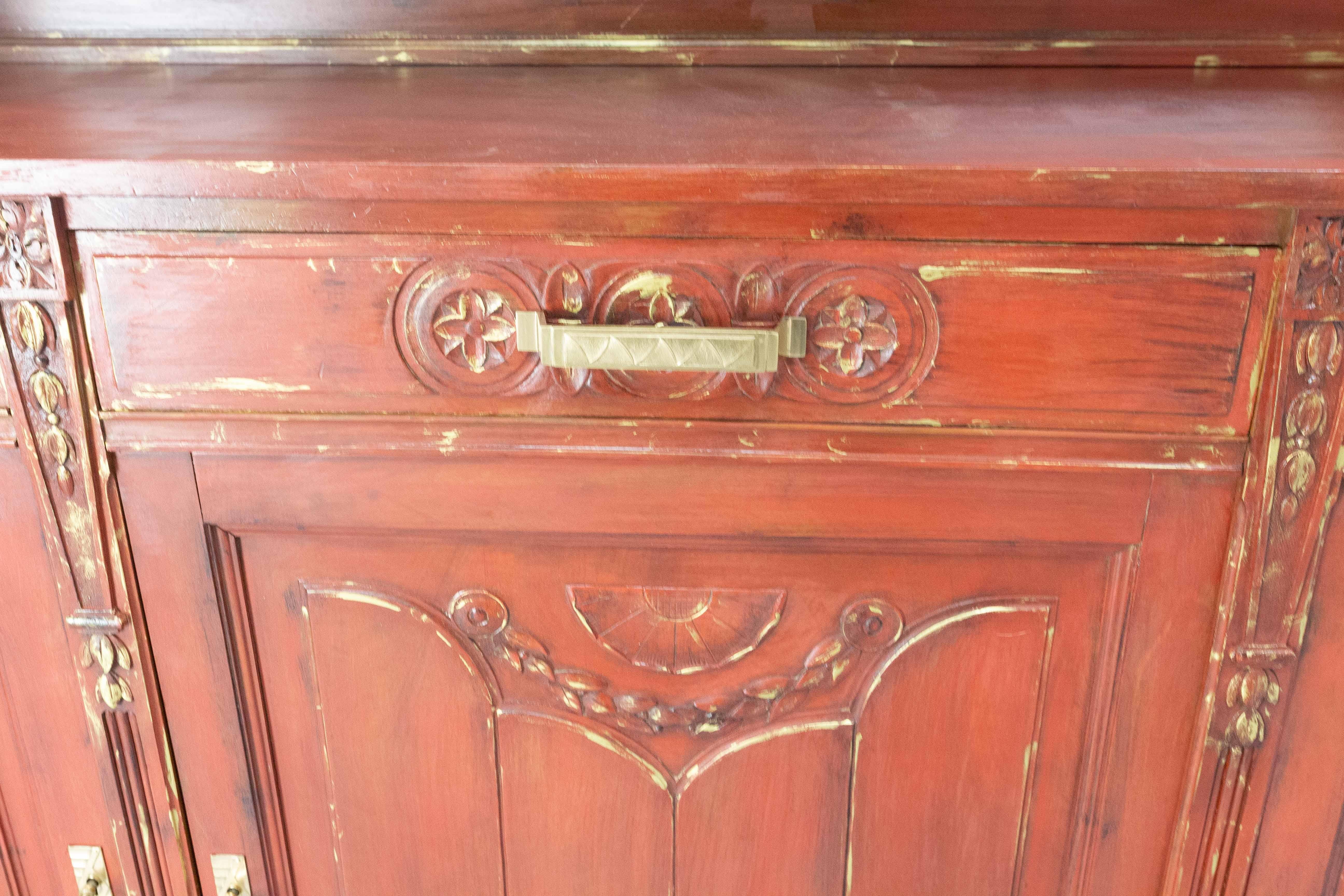 French Walnut Cabinet Deux Corps Buffet Red and Gold Patinated, circa 1920 For Sale 6