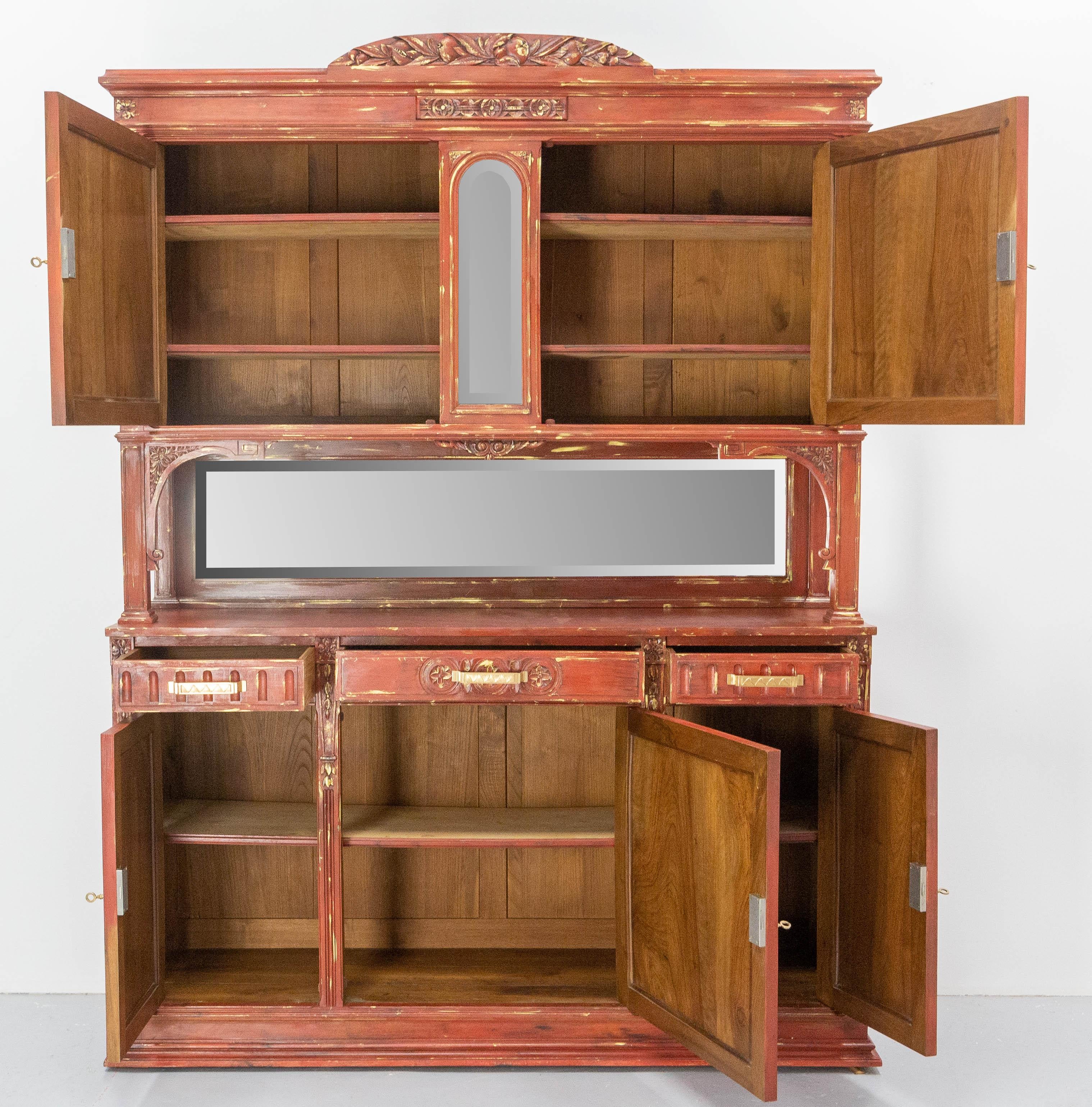 French Walnut Cabinet Deux Corps Buffet Red and Gold Patinated, circa 1920 For Sale 7