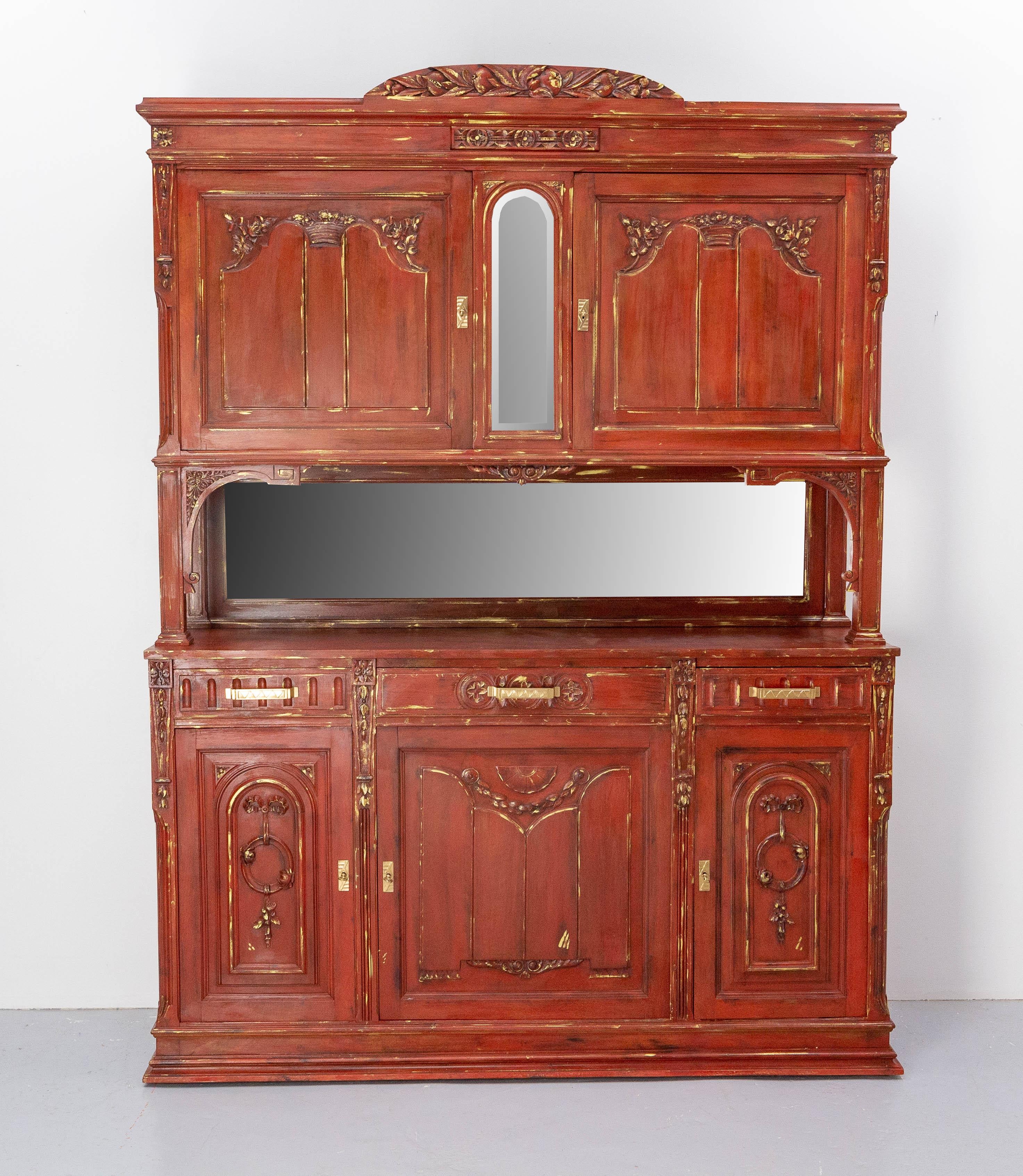 Buffet deux corps French cabinet, circa 1830
Neoclassical style, solid walnut and brass
The patina was made recently with red paint and touches of gold
Good antique condition

Shipping: 
2 packs: 
Pack 1: P 48 / L 158 / H 102 cm 62 kg
Pack