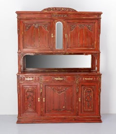 French Walnut Cabinet Deux Corps Buffet Red and Gold Patinated, circa 1920