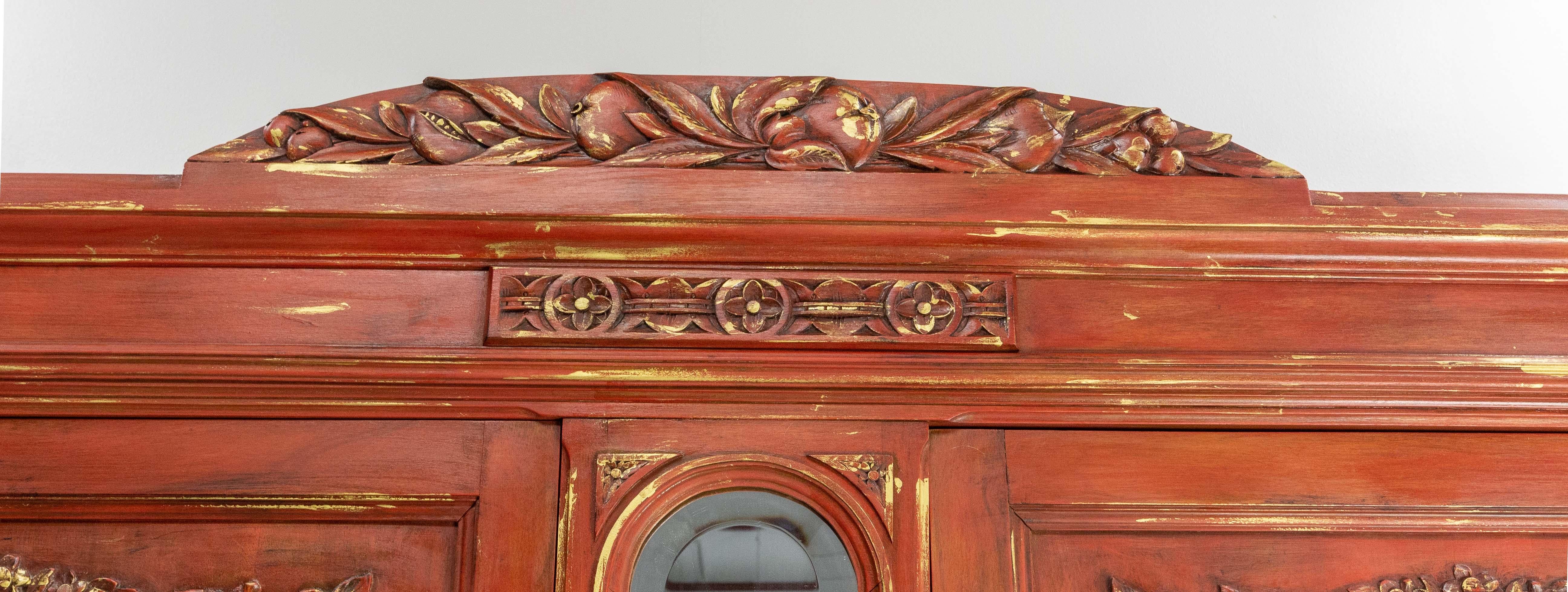 Neoclassical French Walnut Cabinet Deux Corps Buffet Red and Gold Patinated, circa 1920 For Sale