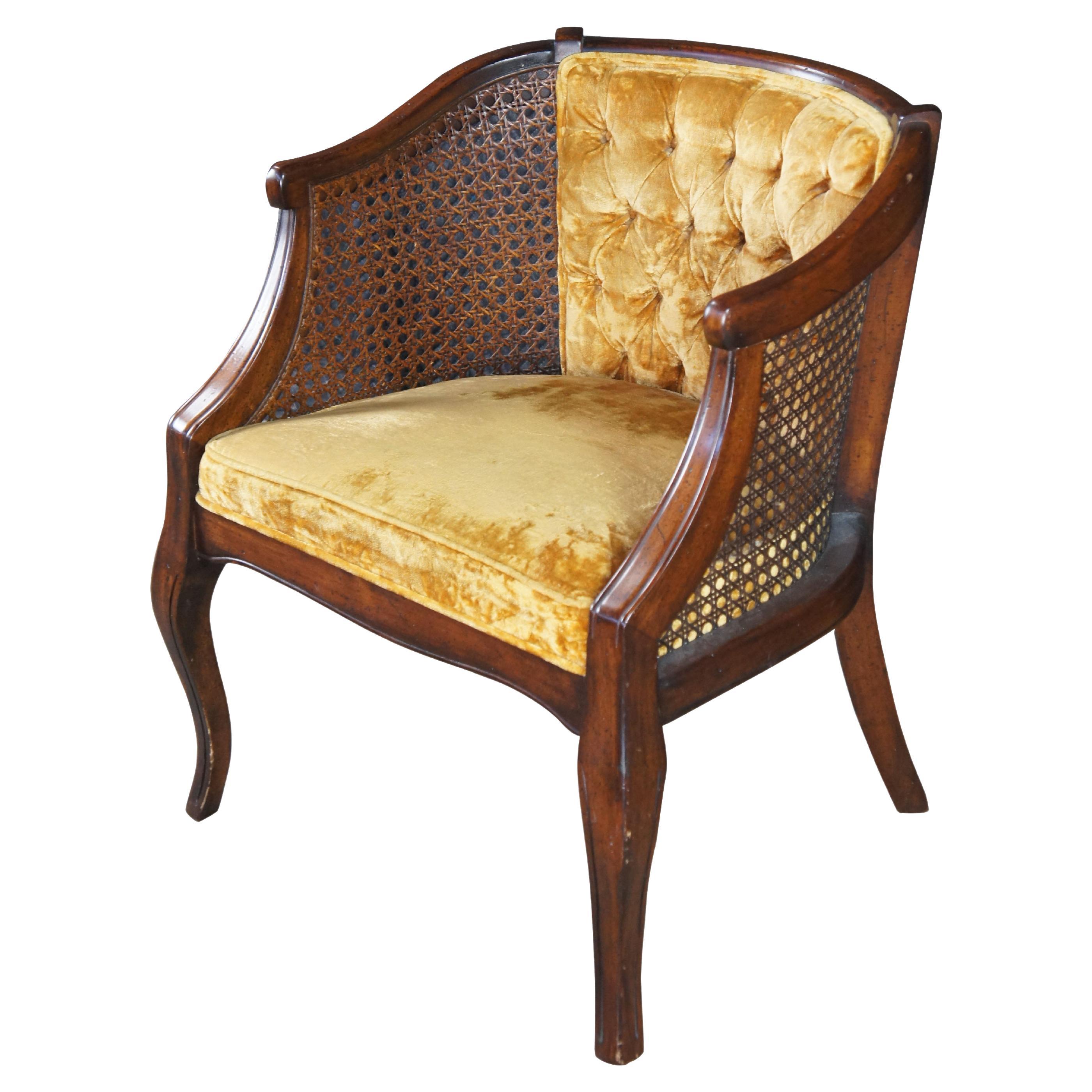French Walnut Caned Tufted Velvet Barrel Back Bergere Club Lounge Armchair For Sale