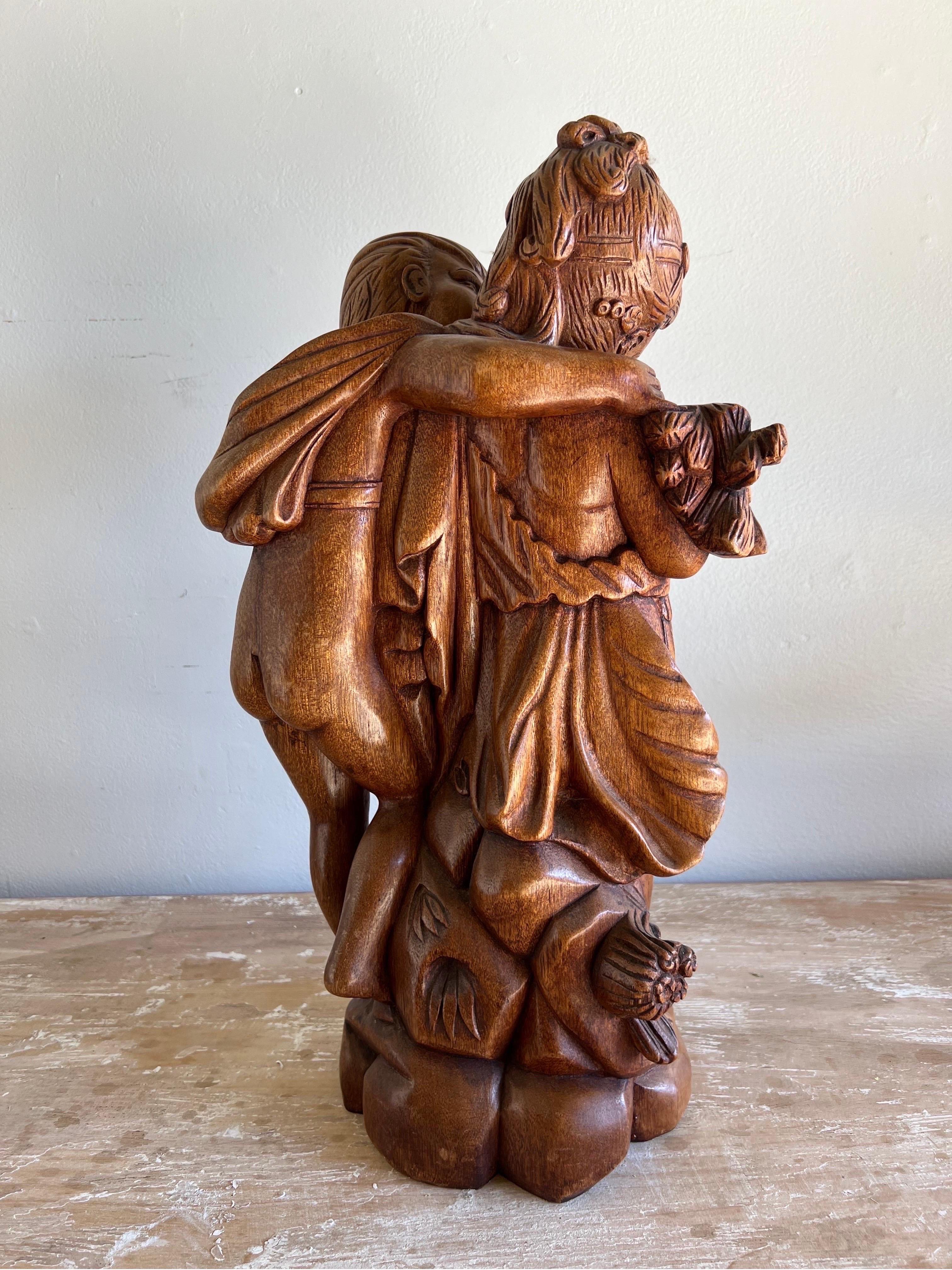 Romantic French Walnut Carved Figuritive Sculpture of Boy & Girl For Sale