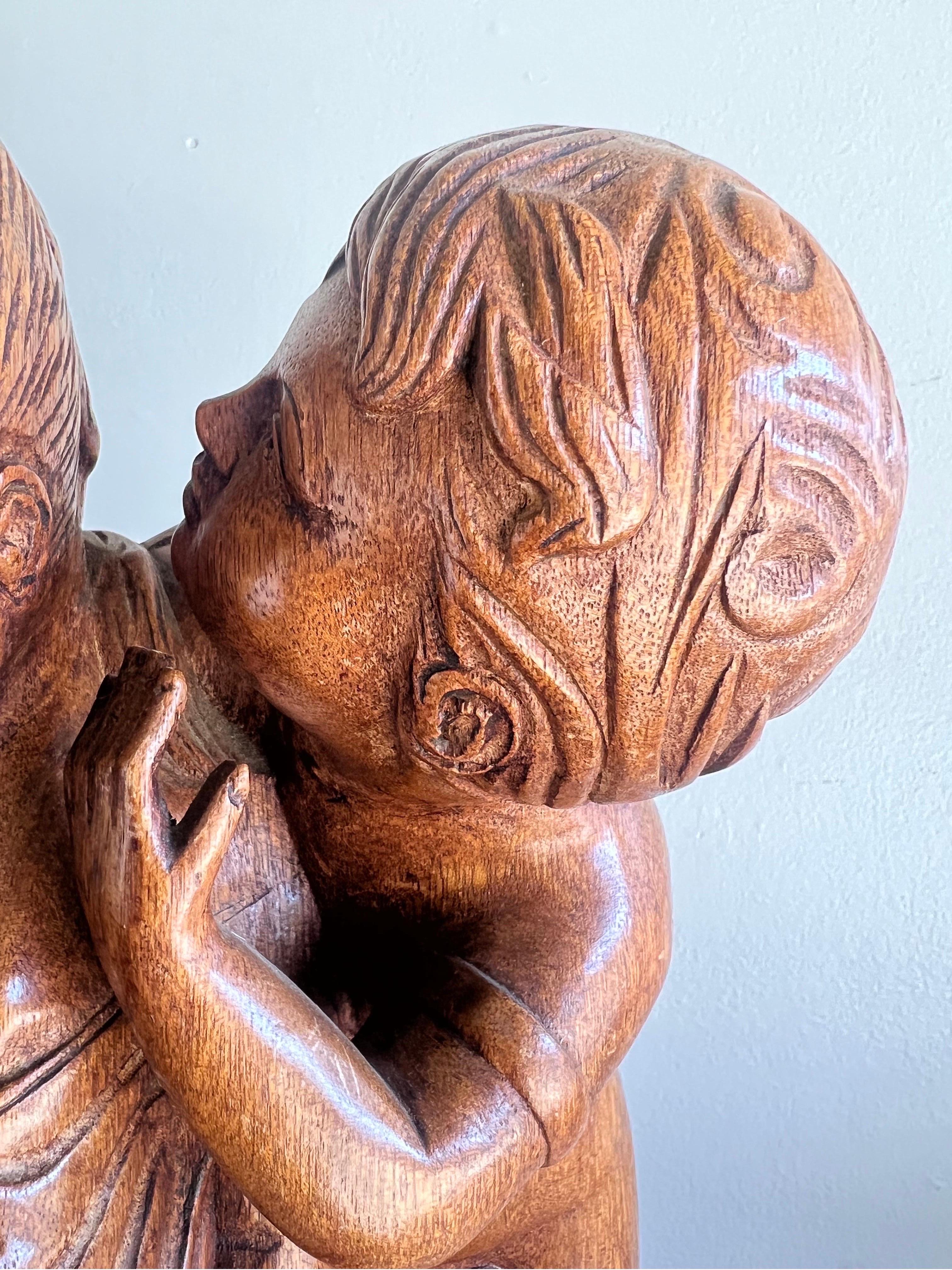 20th Century French Walnut Carved Figuritive Sculpture of Boy & Girl For Sale