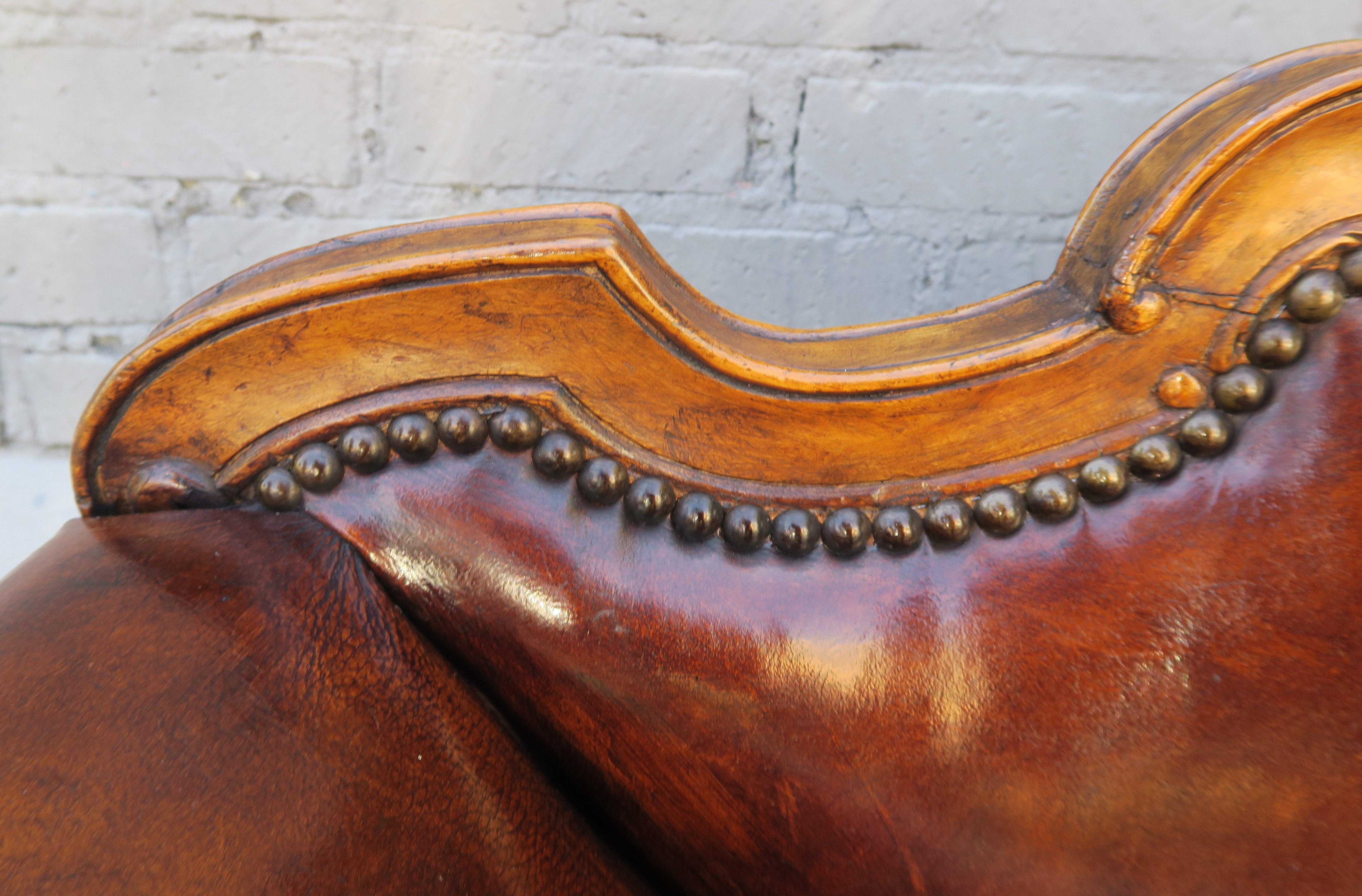 French Walnut Carved Leather Armchairs, Pair 5