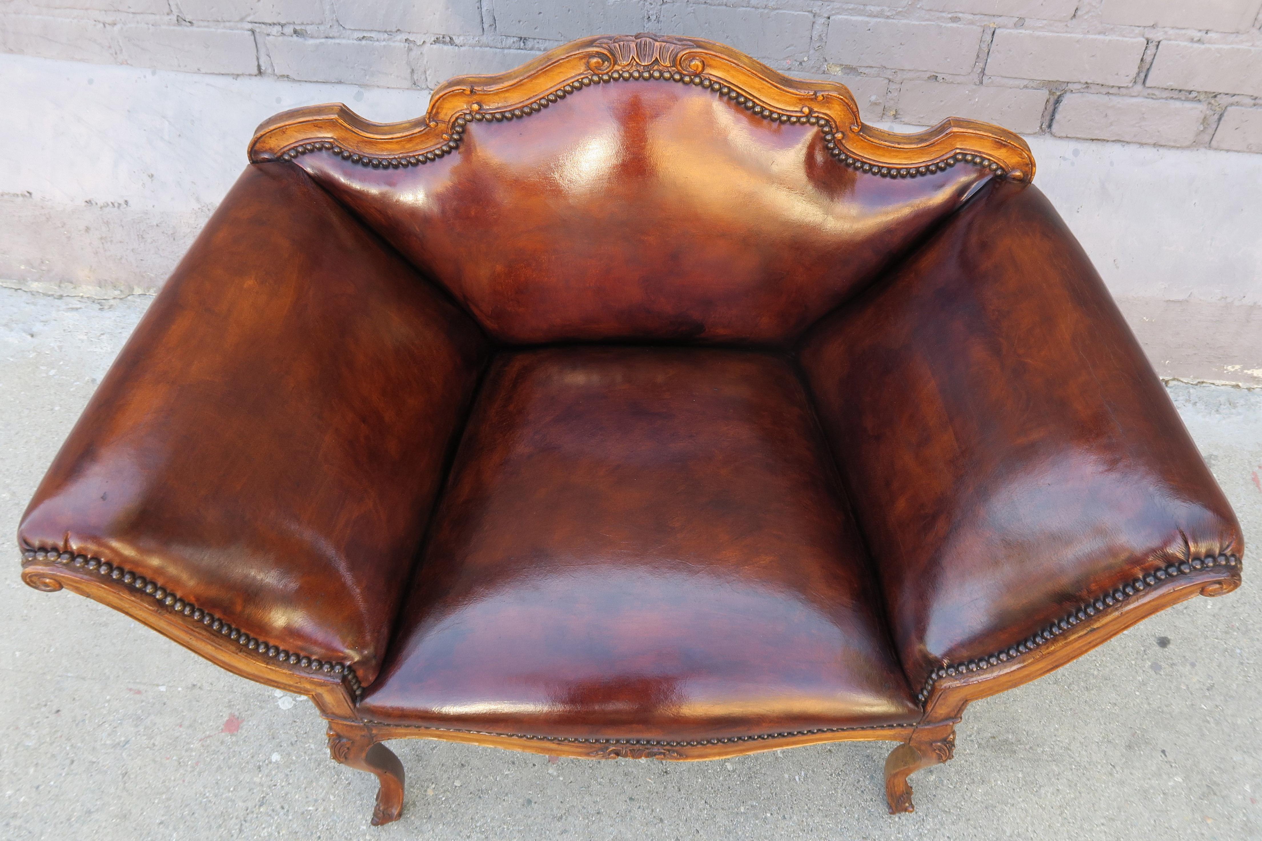 French Walnut Carved Leather Armchairs, Pair 6