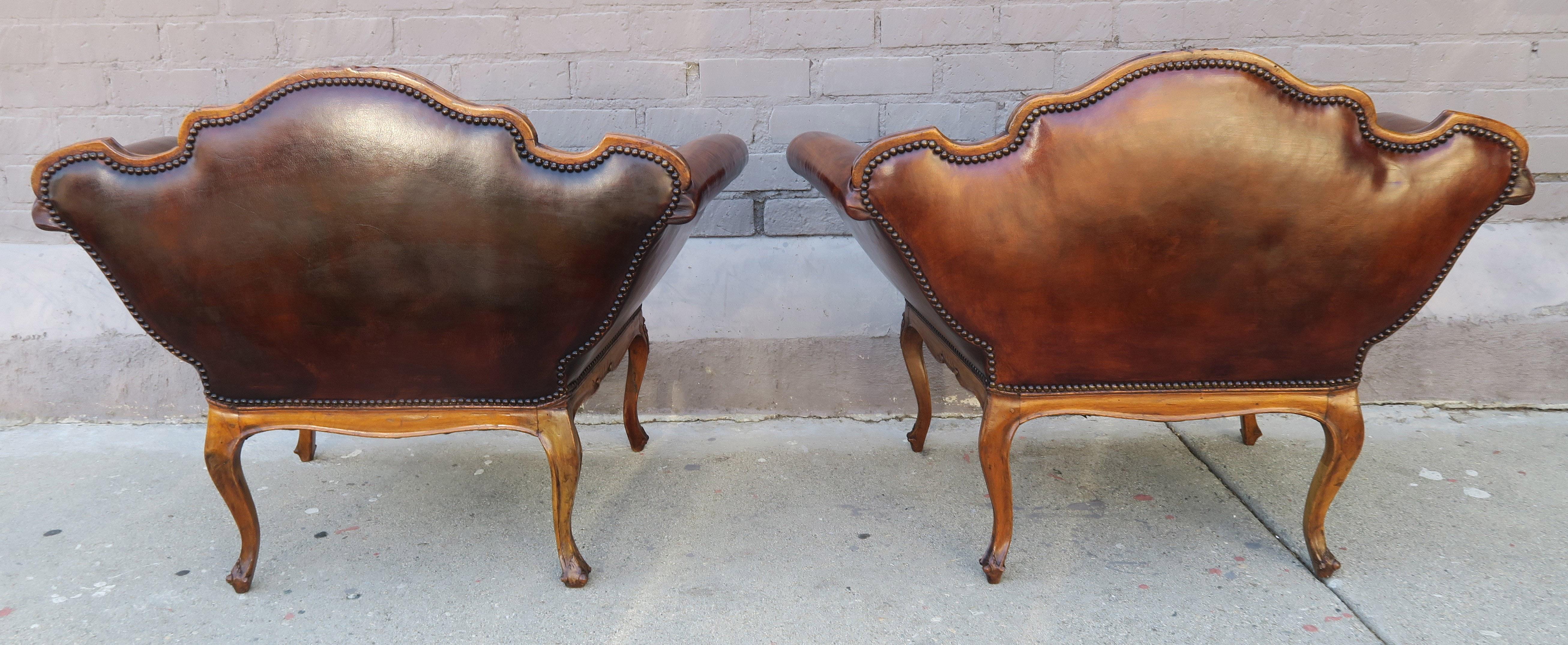 French Walnut Carved Leather Armchairs, Pair 7