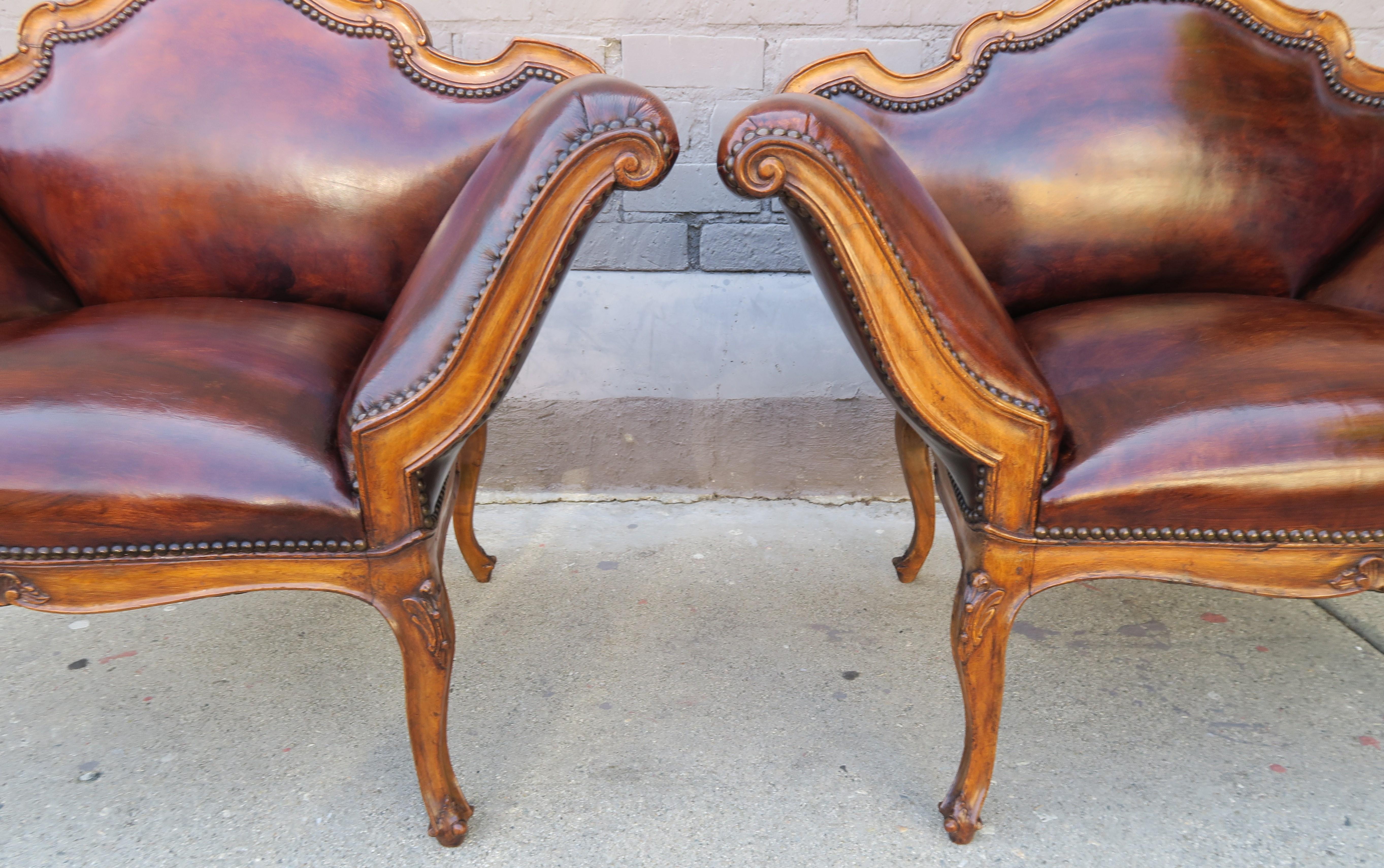 Regency French Walnut Carved Leather Armchairs, Pair