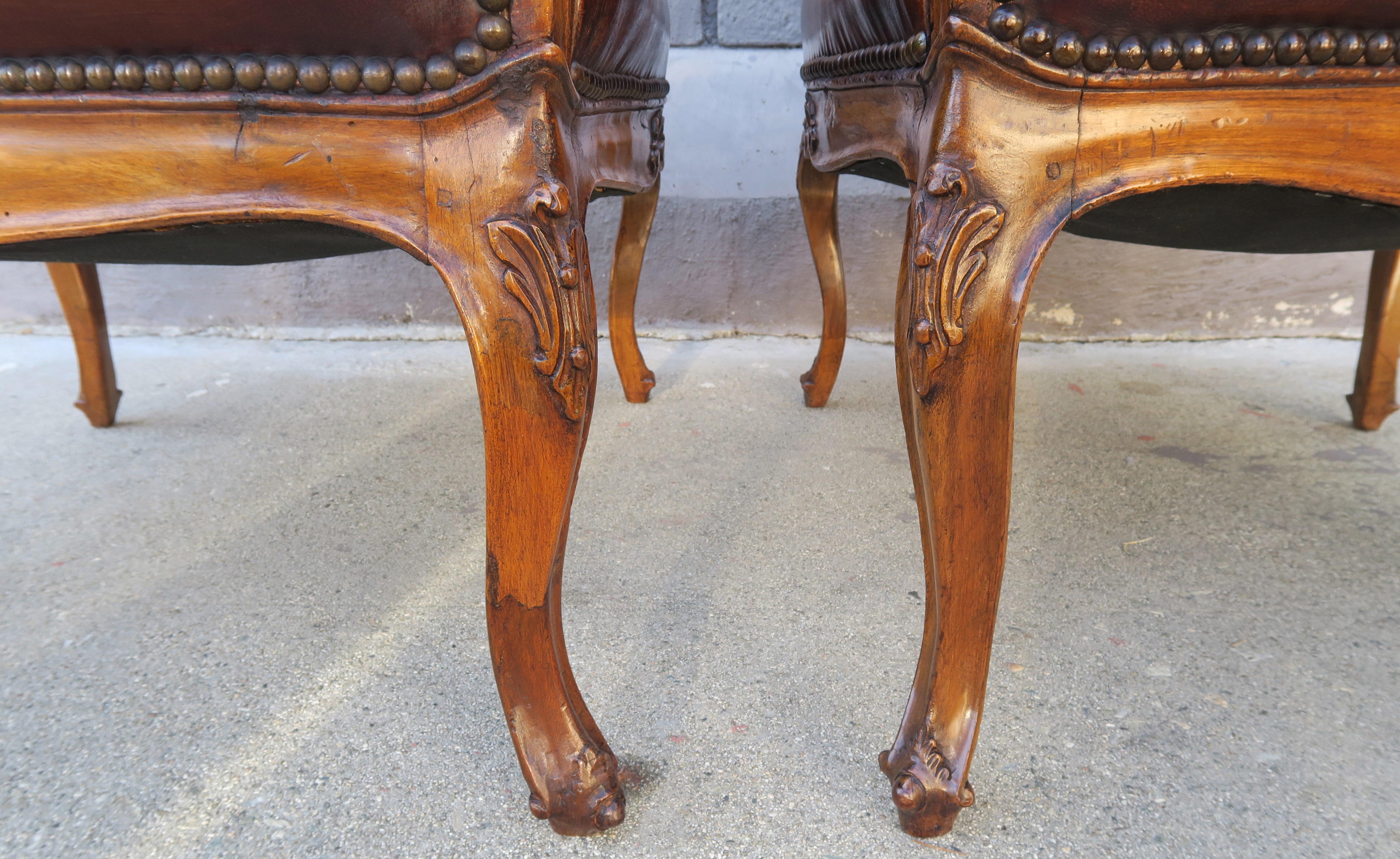 French Walnut Carved Leather Armchairs, Pair In Good Condition In Los Angeles, CA