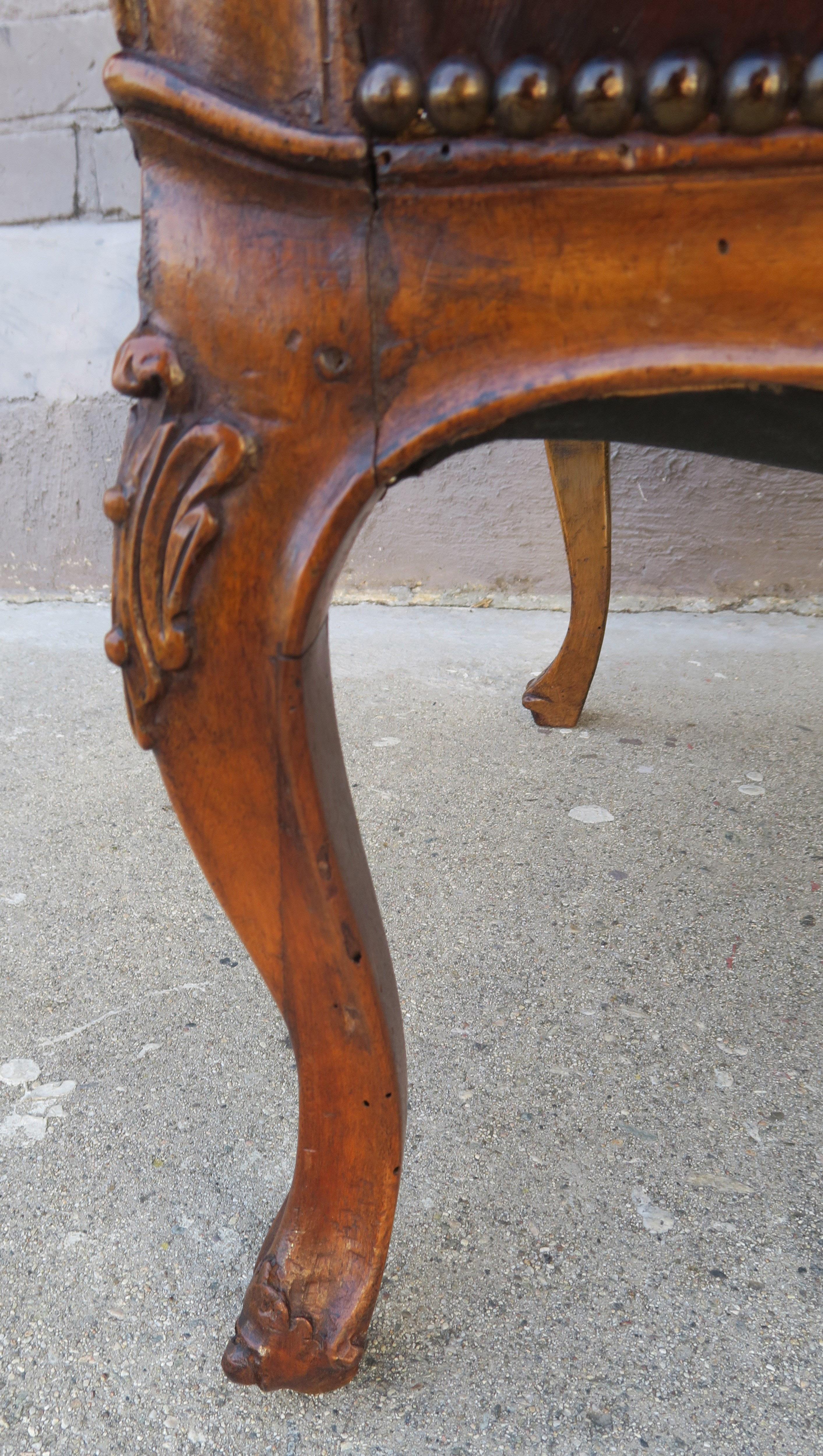 French Walnut Carved Leather Armchairs, Pair 2