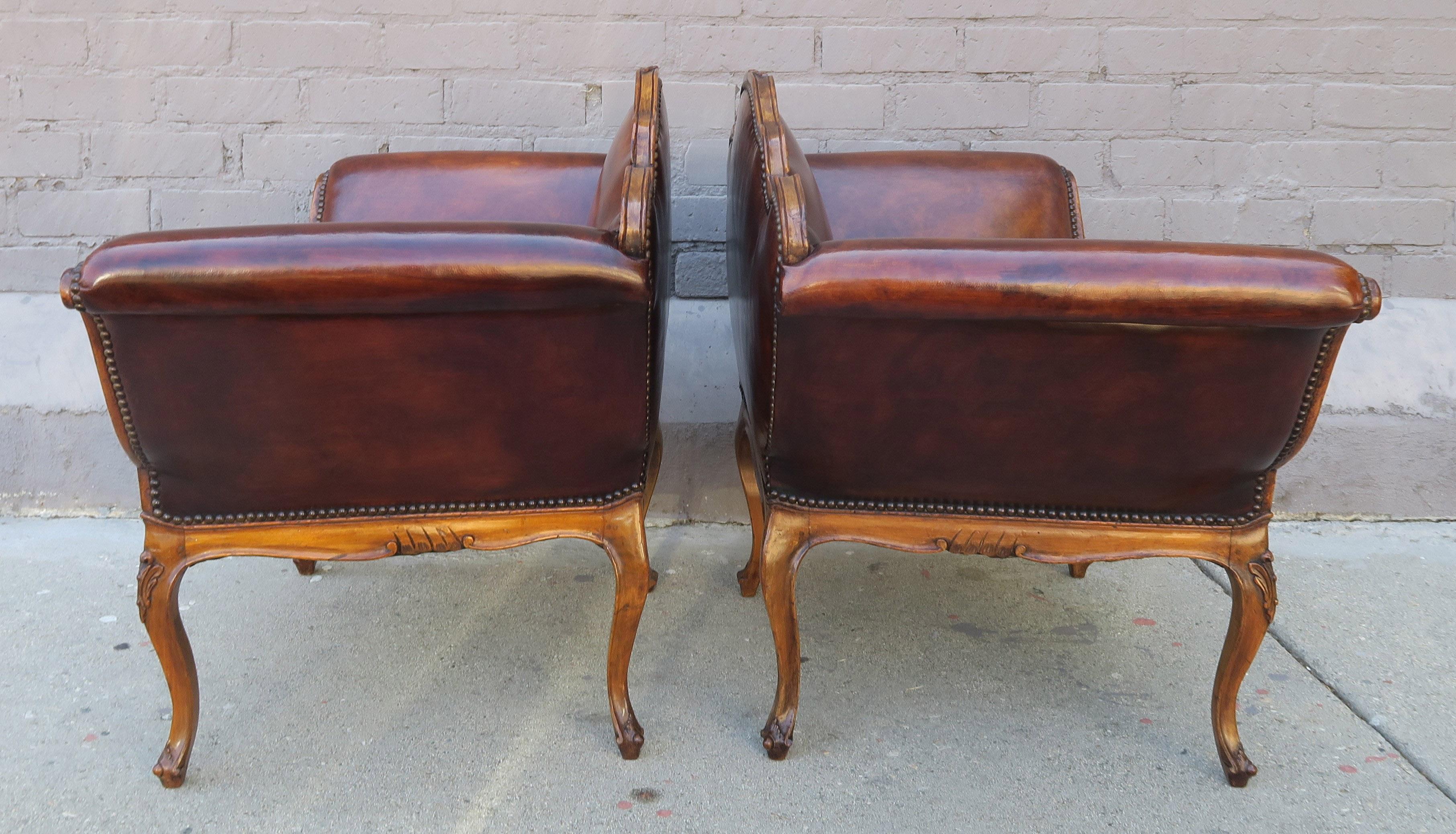 French Walnut Carved Leather Armchairs, Pair 3