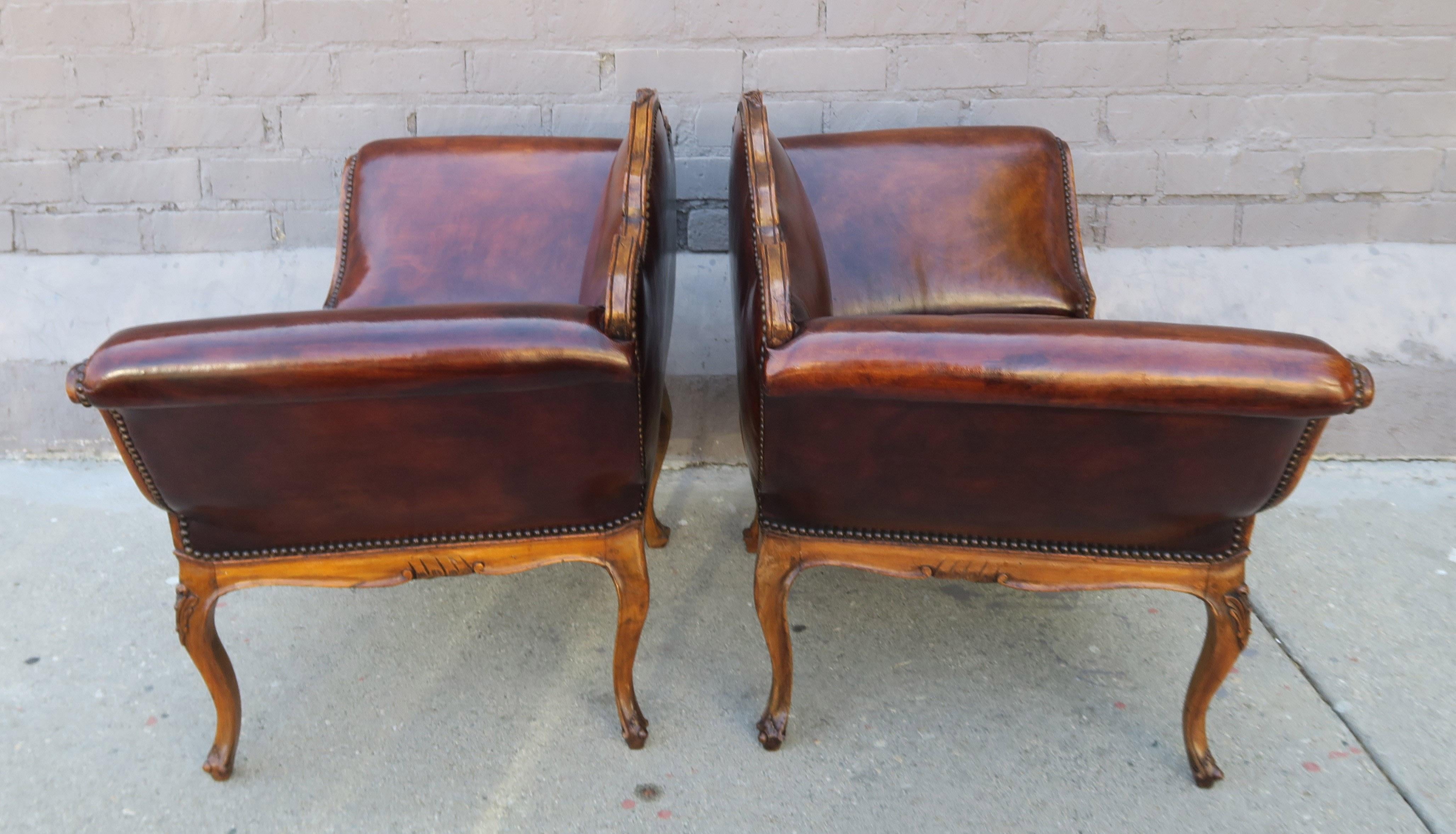 French Walnut Carved Leather Armchairs, Pair 4