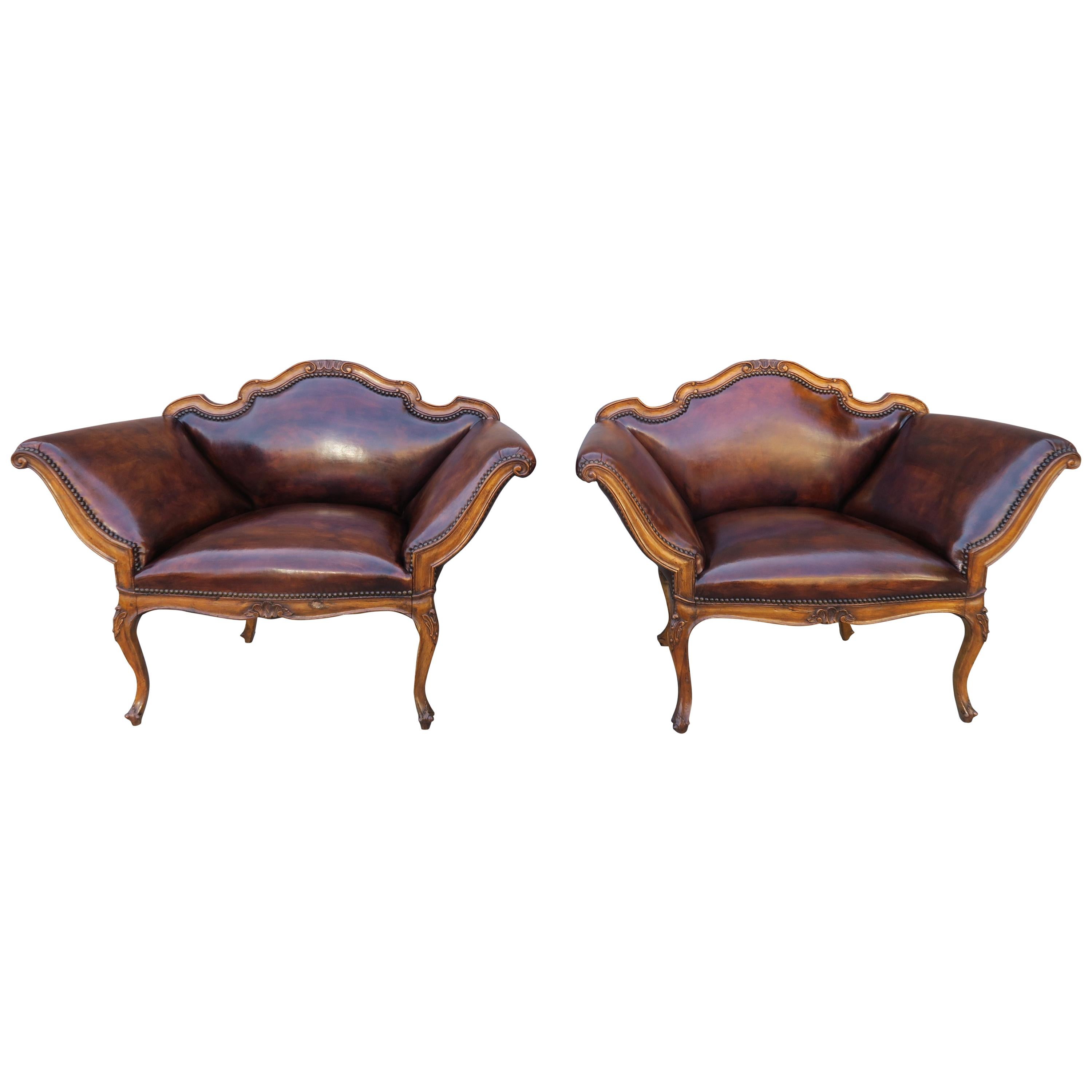 French Walnut Carved Leather Armchairs, Pair