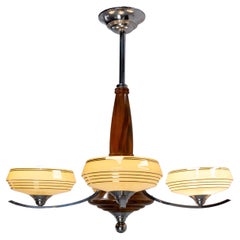 French  Walnut, Chrome and Glass Ceiling Lustre Four Lamps, circa 1960
