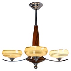 French Walnut, Chrome and Glass Ceiling Lustre Four Lamps, circa 1960