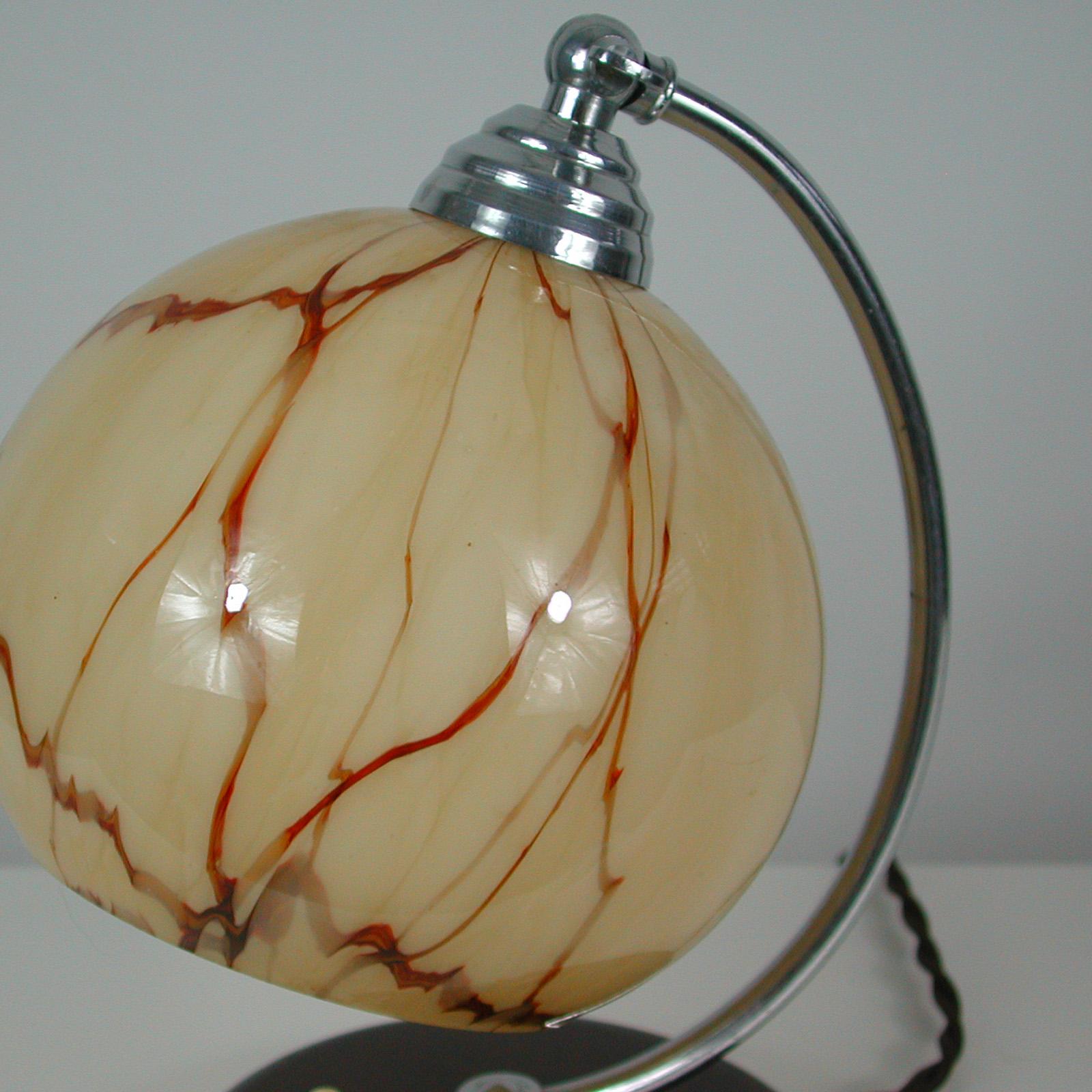 Opaline Glass French Walnut, Chrome and Opaline Glas Table Lamp, 1930s For Sale