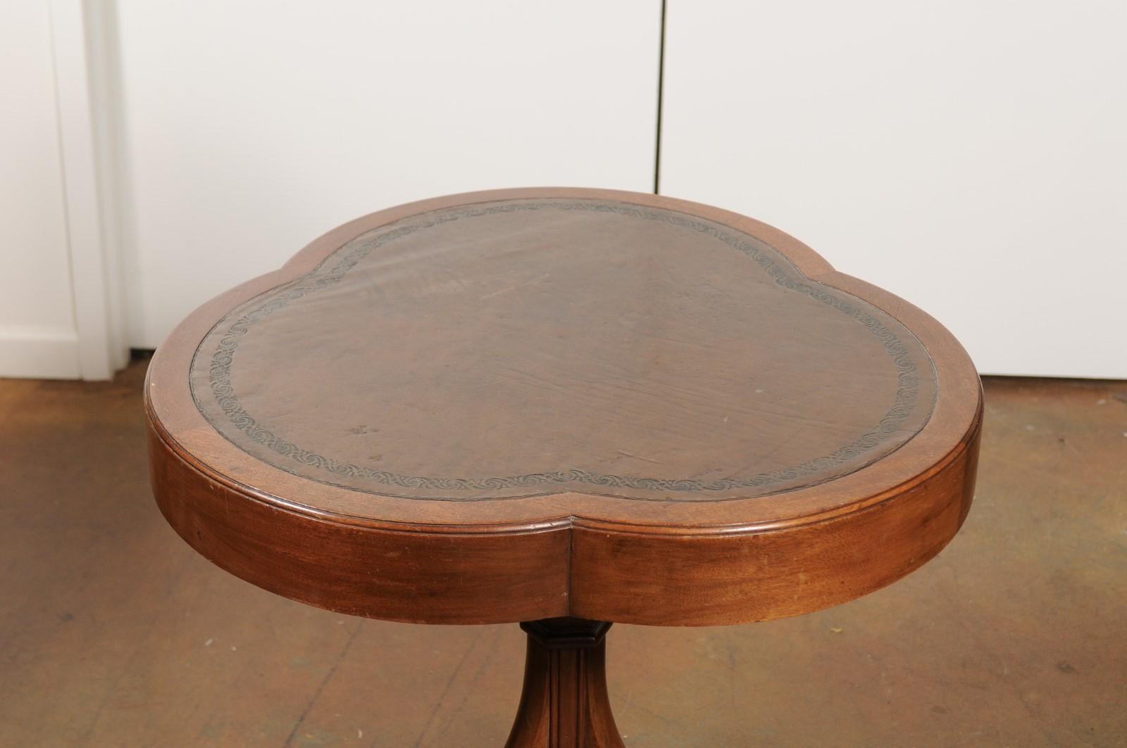 French Walnut Clover Leaf Accent Table with Scrolling Base and Tooled Leather 1