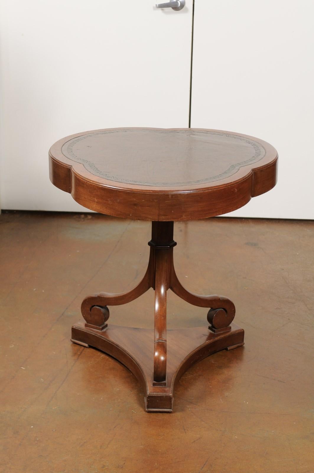 French Walnut Clover Leaf Accent Table with Scrolling Base and Tooled Leather 3