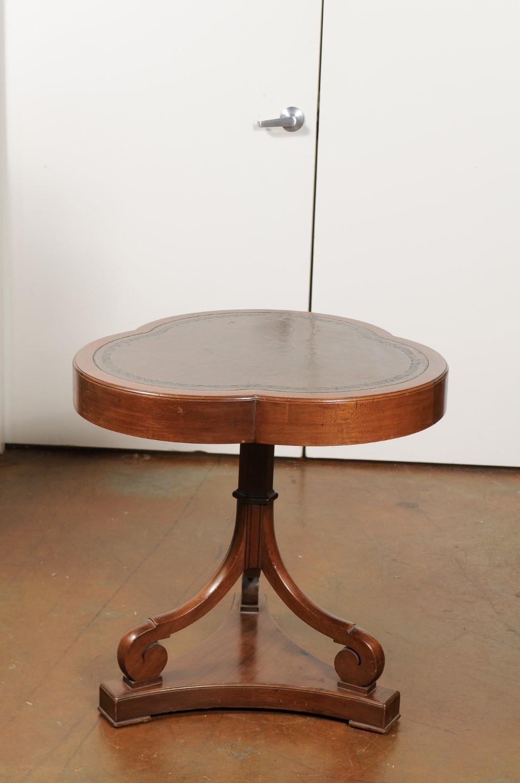 French Walnut Clover Leaf Accent Table with Scrolling Base and Tooled Leather 4