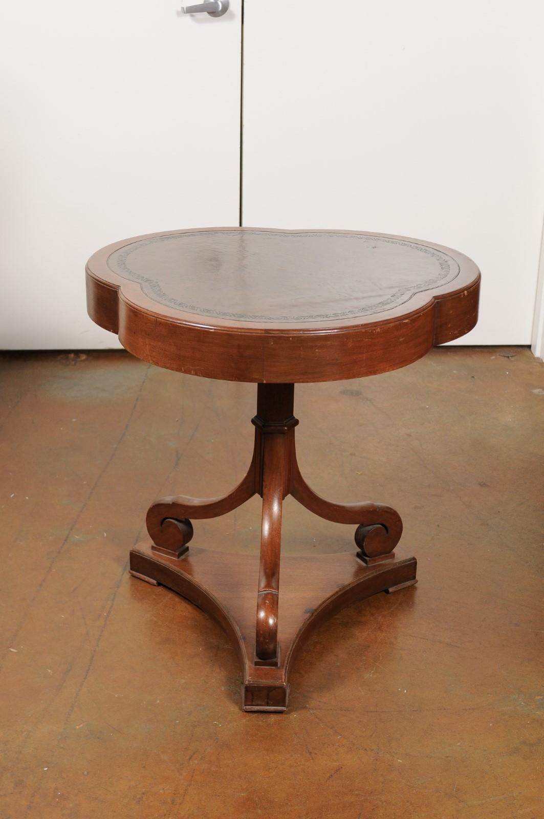 French Walnut Clover Leaf Accent Table with Scrolling Base and Tooled Leather 5