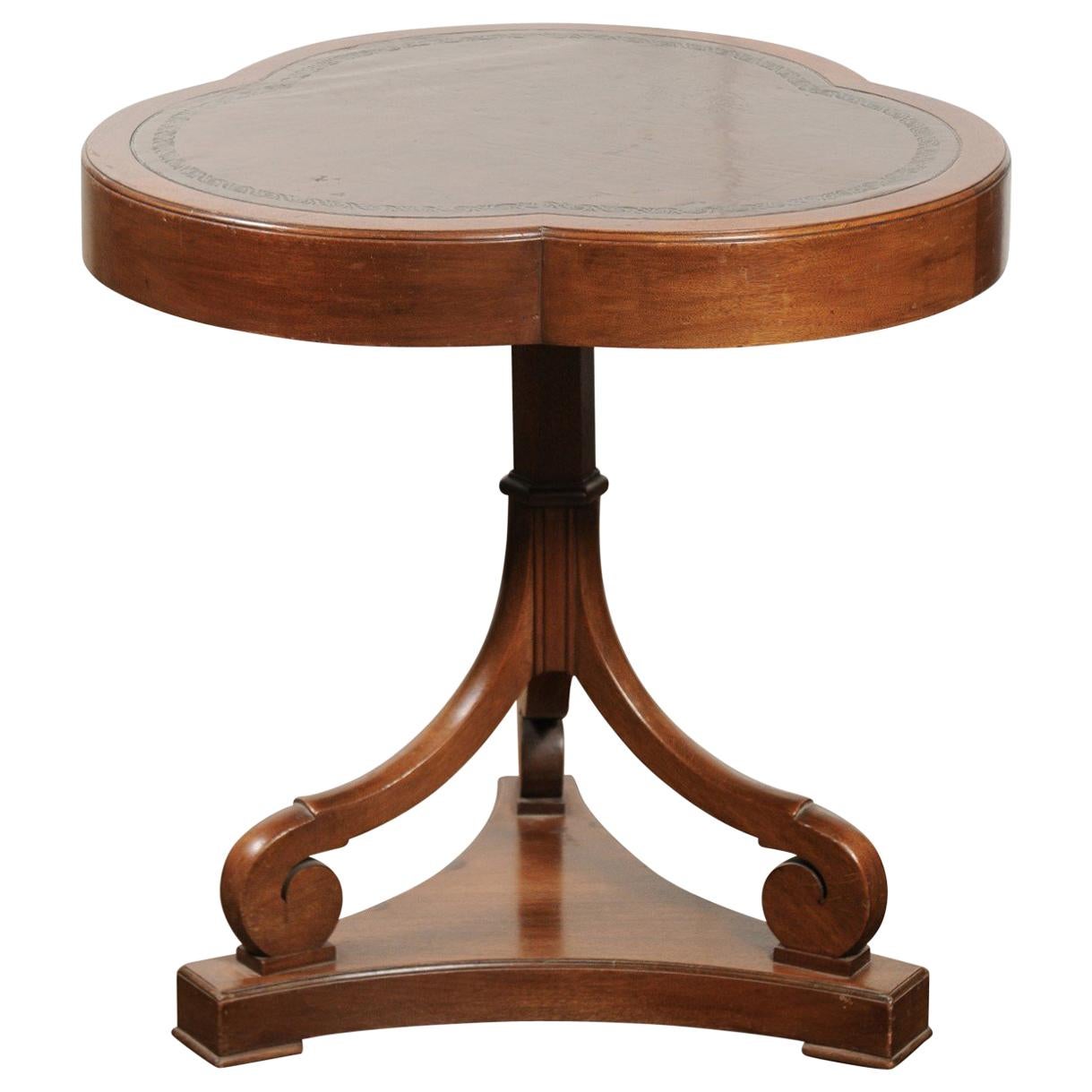 French Walnut Clover Leaf Accent Table with Scrolling Base and Tooled Leather