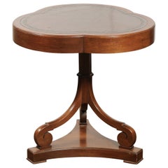 Antique French Walnut Clover Leaf Accent Table with Scrolling Base and Tooled Leather