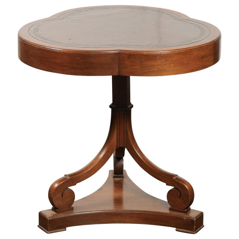 French Walnut Clover Leaf Accent Table with Scrolling Base and Tooled