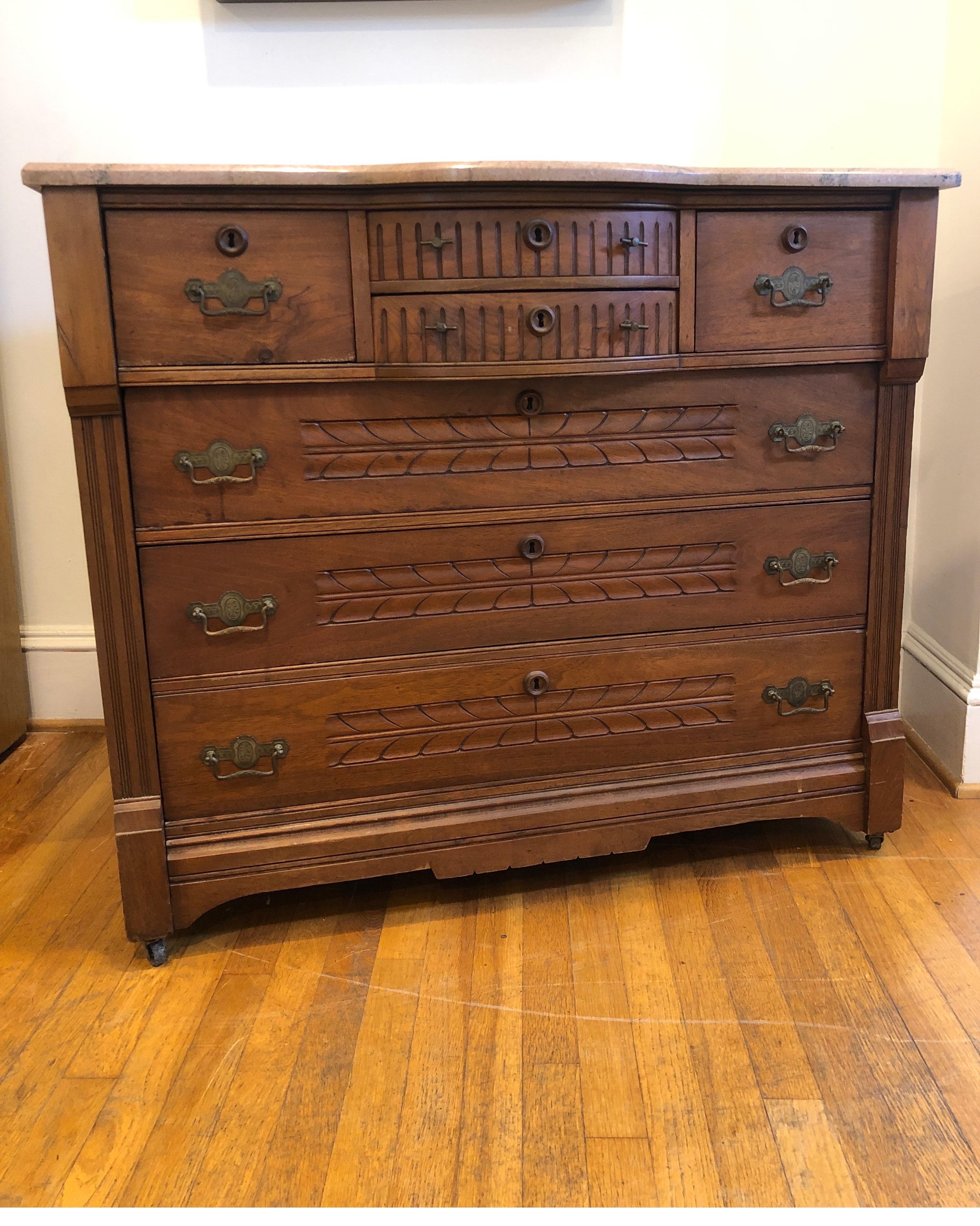 French Walnut Commode or Chest of Drawers w/ Marble Top 6