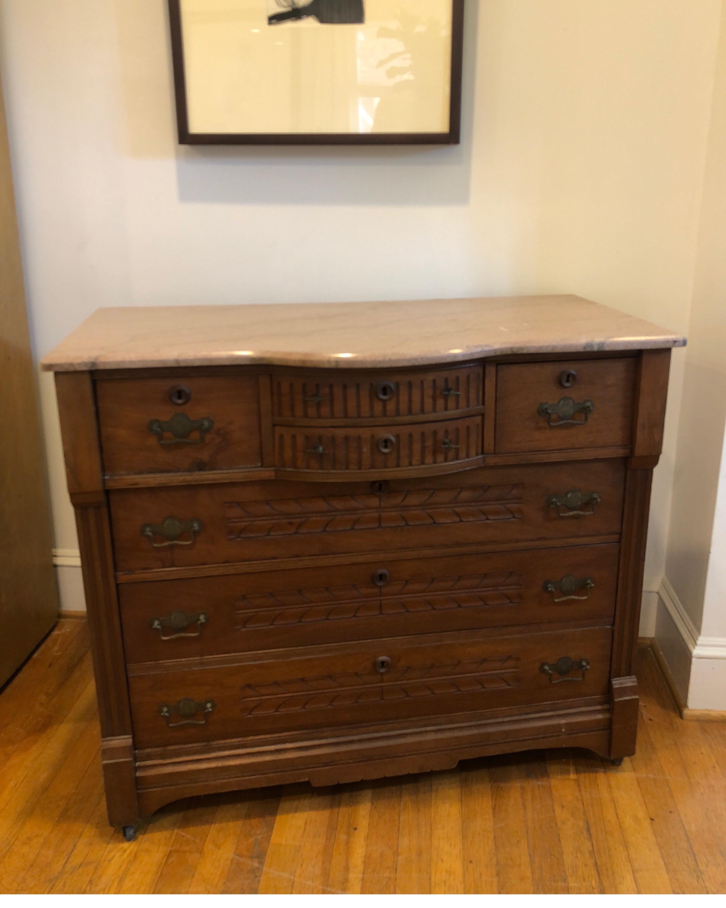 Victorian French Walnut Commode or Chest of Drawers w/ Marble Top