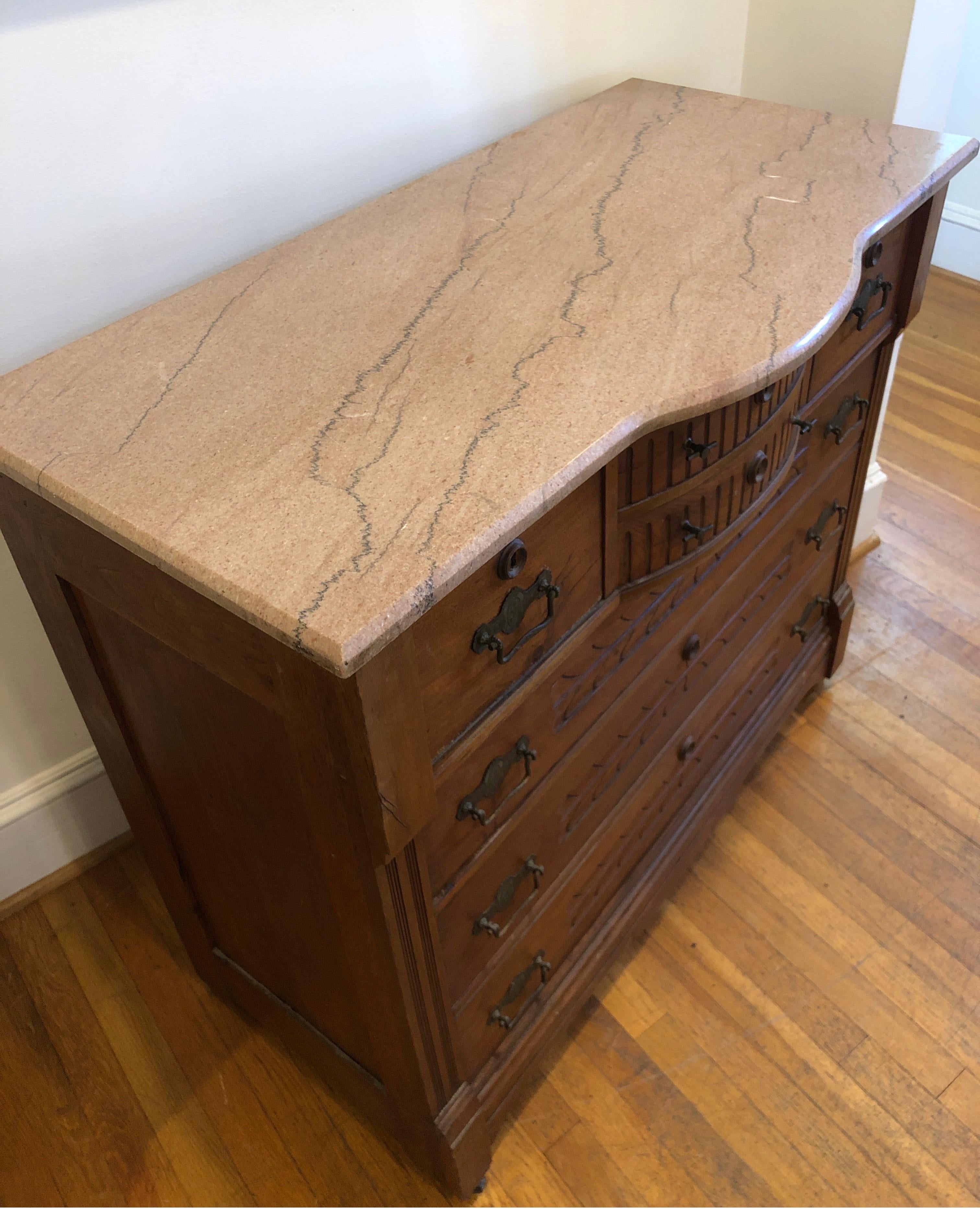 20th Century French Walnut Commode or Chest of Drawers w/ Marble Top