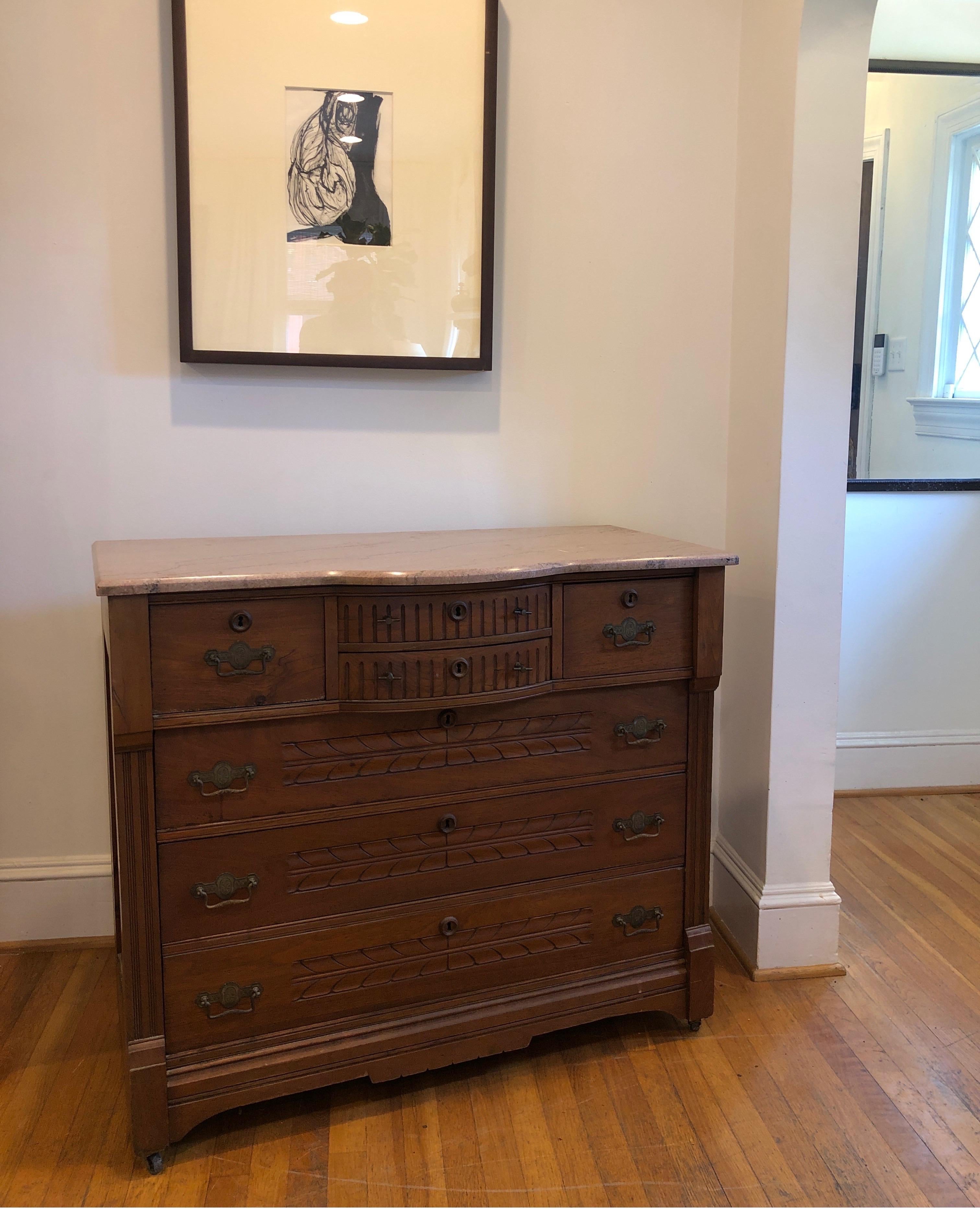 French Walnut Commode or Chest of Drawers w/ Marble Top 1