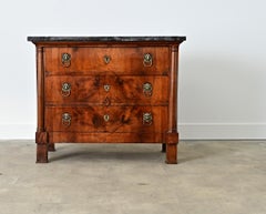 French Walnut Commode with Marble Top and Lion Ring Pulls